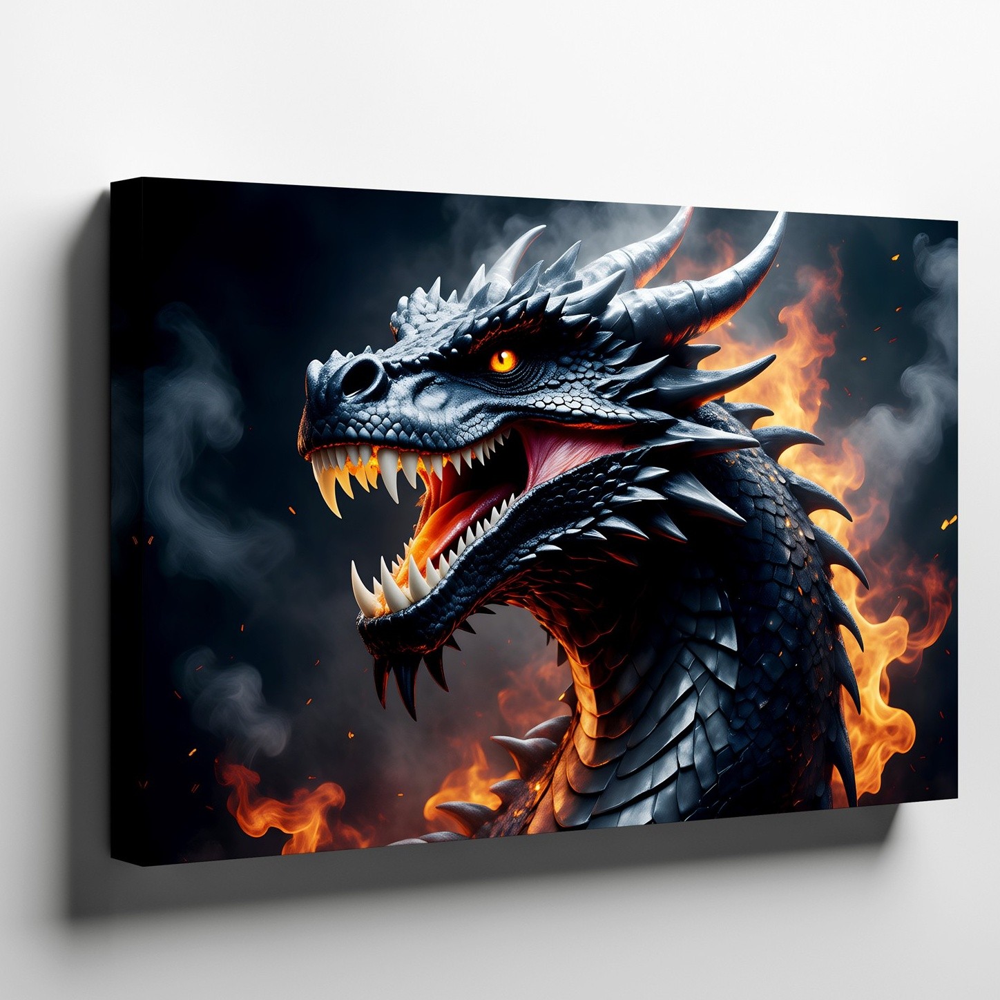 Fierce Dragon Emerges From Swirling Flames, Its Intricately Detailed Wall Art