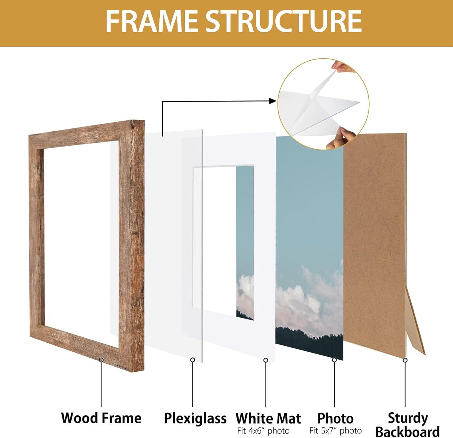 5×7 Picture Frame – Can Display Photo 4×6 with Mat, 5×7 – 1 Pack Rustic Brown