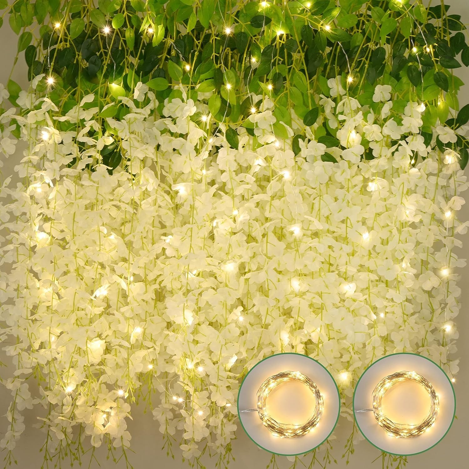 24Pcs White Fake Wisteria Hanging Flowers with Lights, 3.6Ft/Pcs Artificial Wist