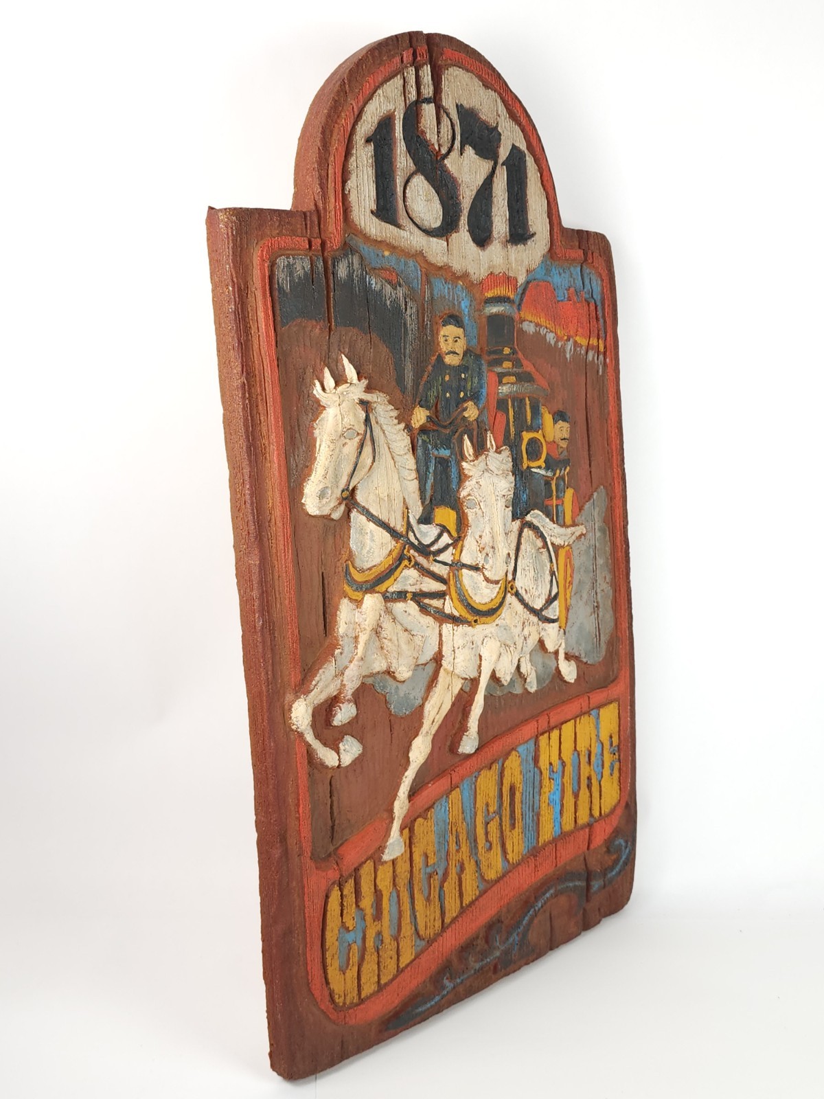 Vintage Faux Carved Wood Foam 1871 Chicago Fire Wall Plaque Firefighter Sign 20&Prime;