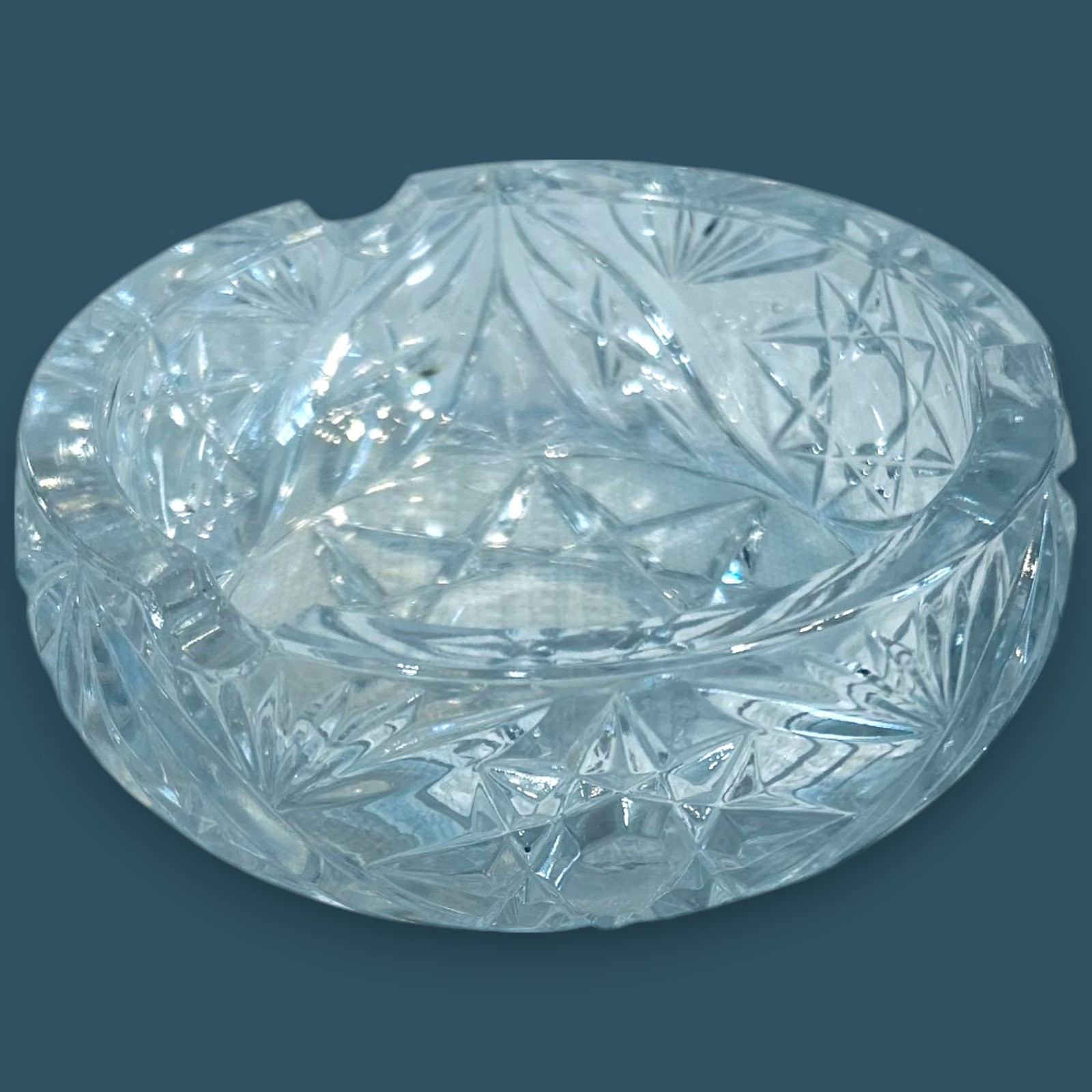 Glass Crystal Cut Ashtray 5&Prime; Diameter 2 3/4&Prime; Tall