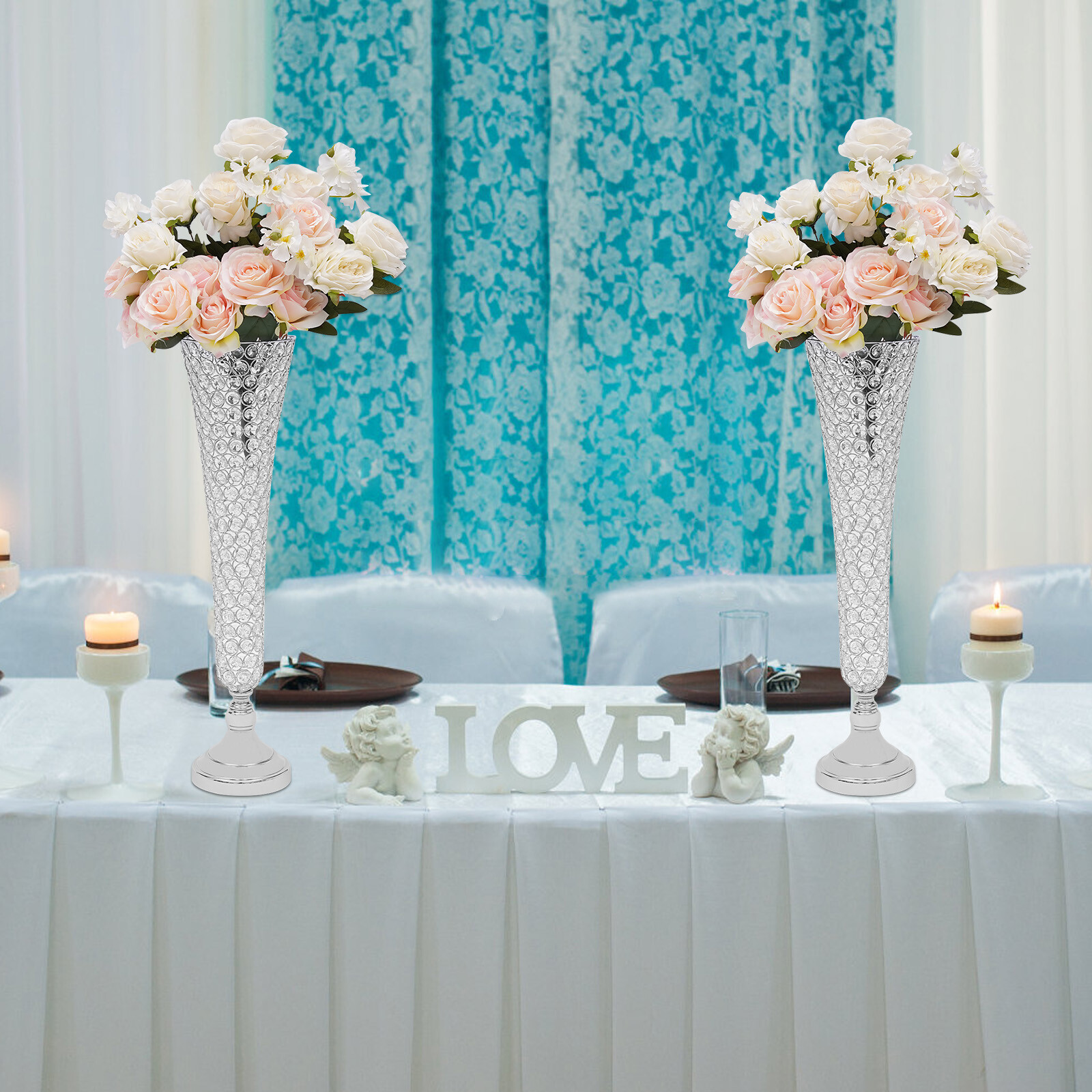 2 pcs Silver Wedding Table Crystal Flower Stand For Anniversary Ceremony Party