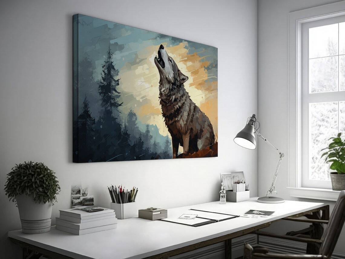 Mighty Wolf Howling in Forest at Dusk Wall Art Canvas Unframed Print Art