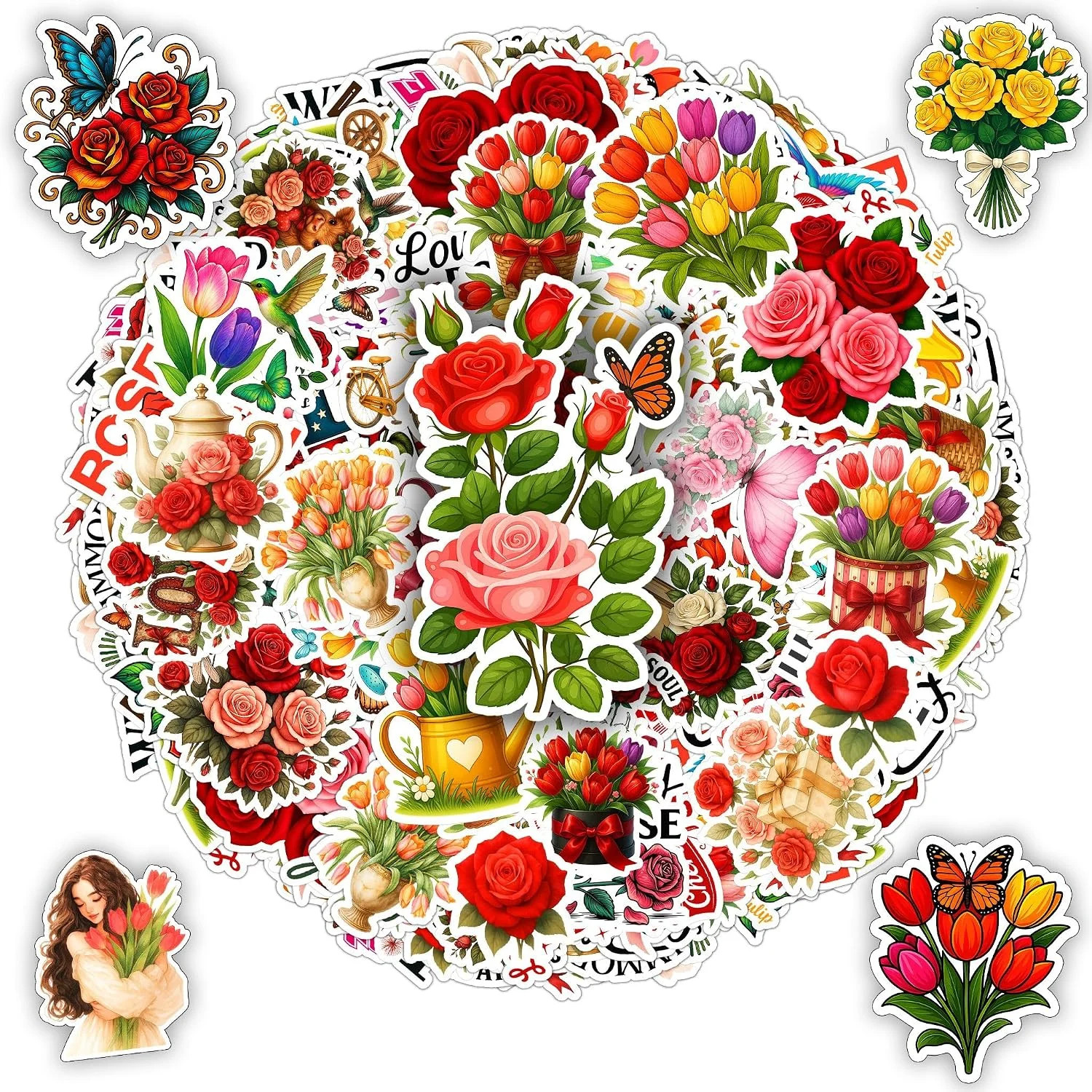 115 PCS Rose and Tulip Stickers Pack, Floral Watercolor Vinyl Waterproof Decals