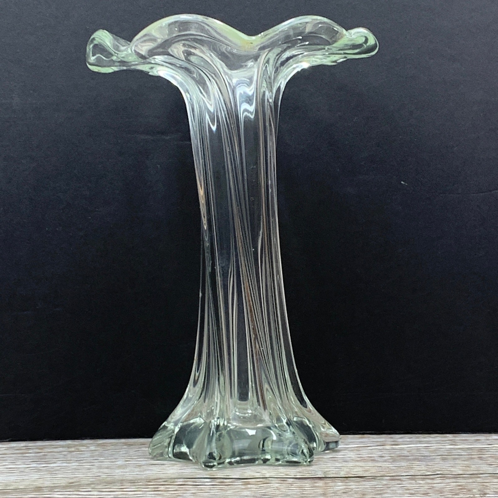 Clear Glass Fluted Trumpet Art Vase Ribbed Swirl Ruffled Rim Decor Vintage