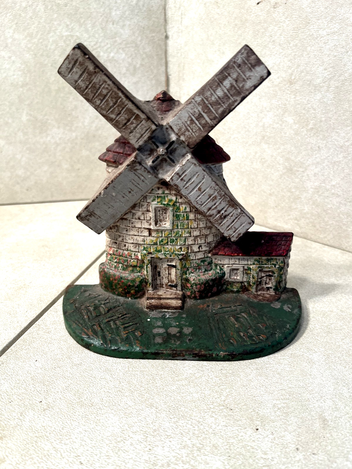 Antique Victorian Hand Painted Cast Iron National Foundry Windmill Doorstop