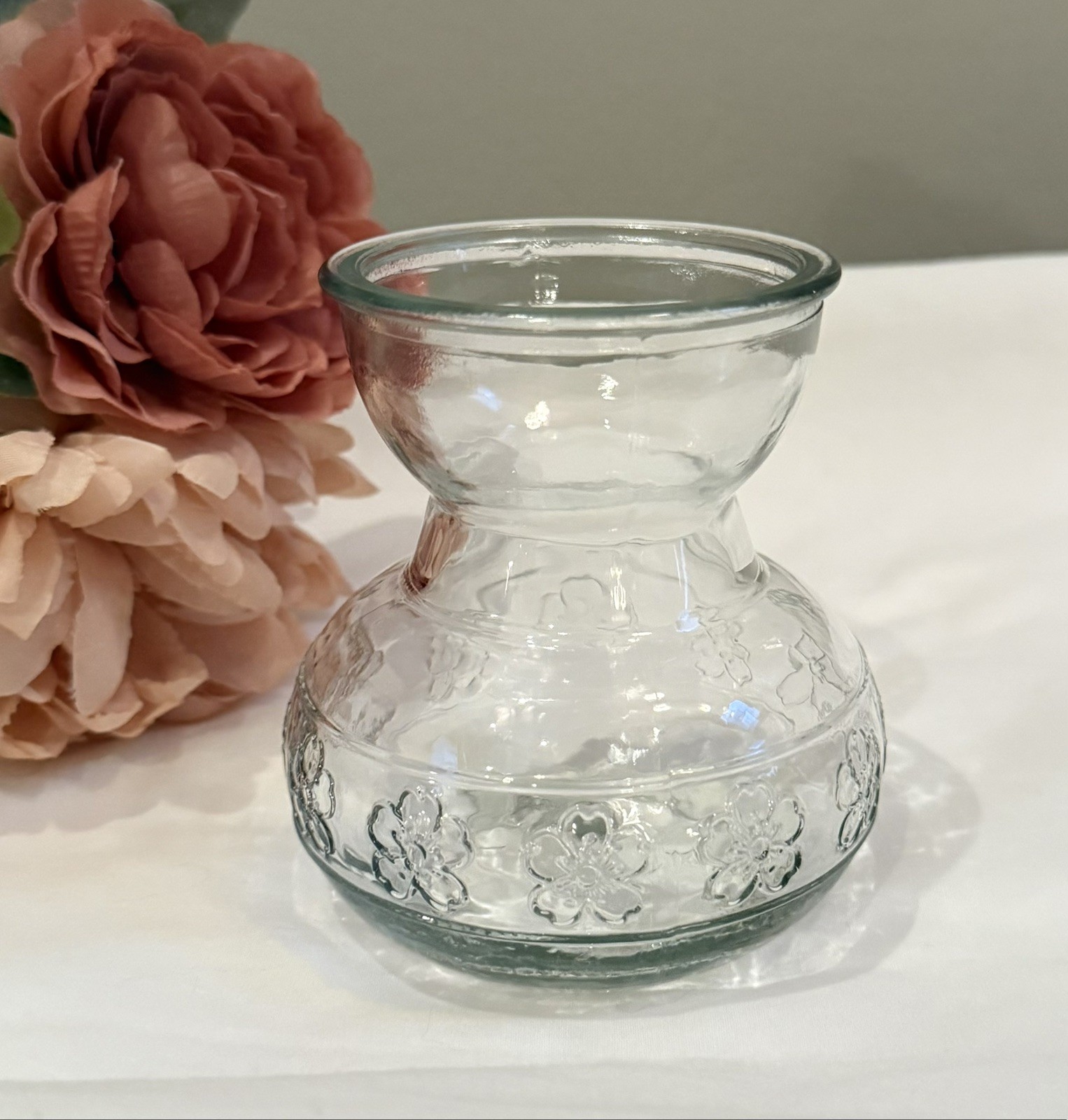 Embossed Clear Glass Bulb Forcing Vase for Tulips, Hyacinths & Paper Whites EUC