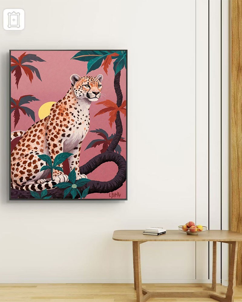 🐆 Jungle Leopard Canvas Wall Art – Modern Tropical Wild Cat Painting Print Pink