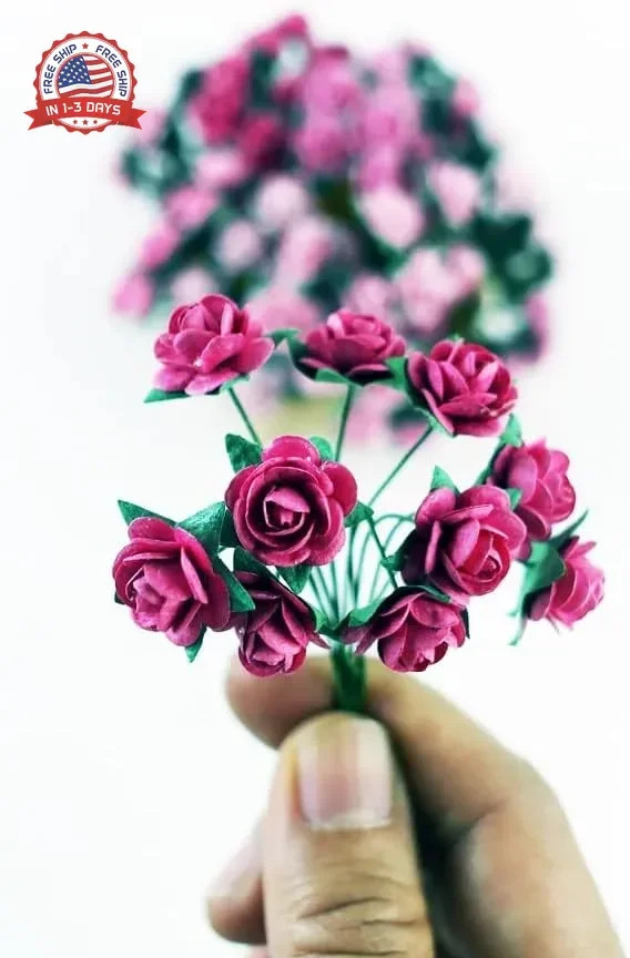 100 pcs Tiny Artificial Roses Mixed Pink Five Color Mulberry Paper Flower 15-18