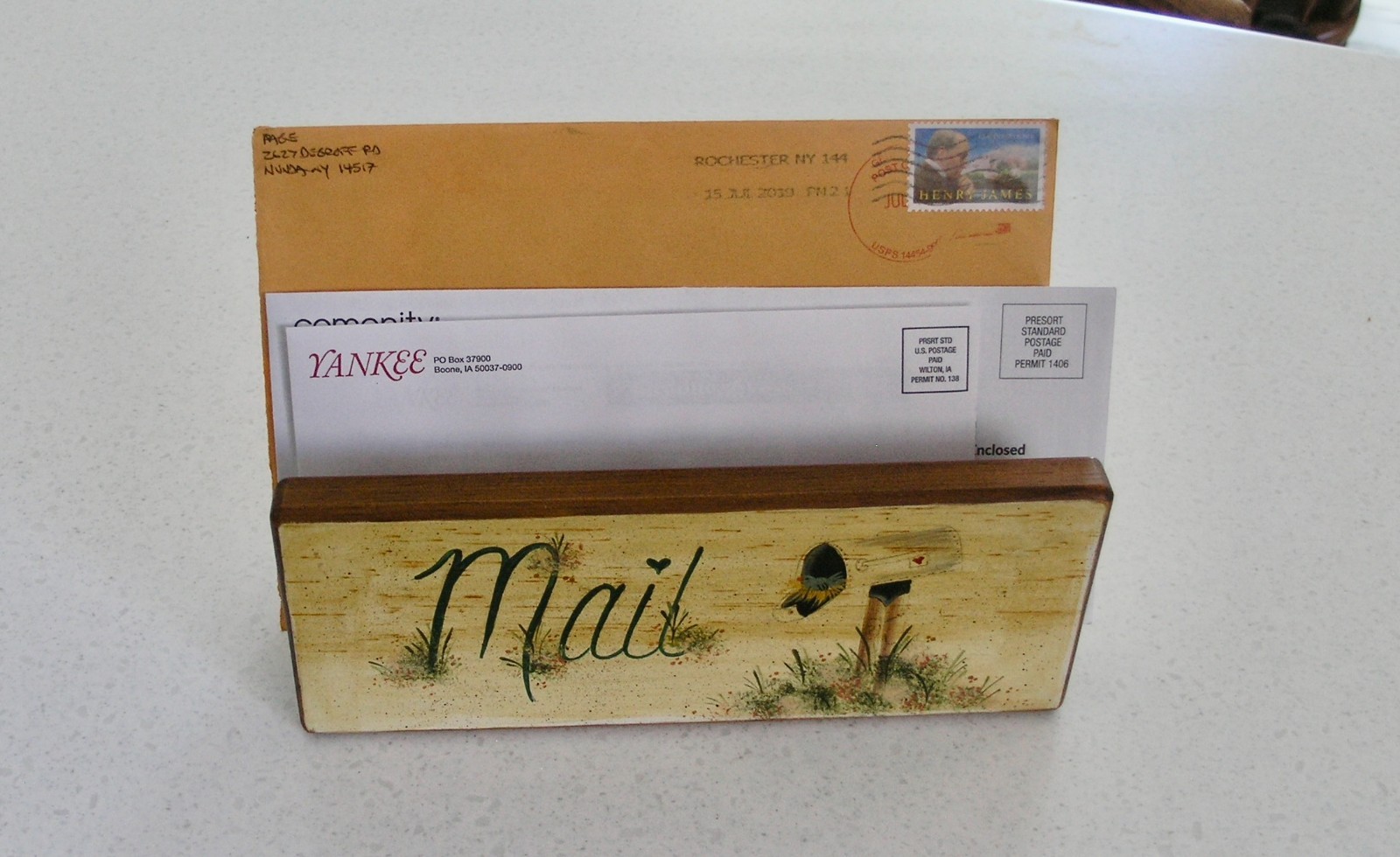 Hand painted Wood Tabletop Decorative Mail Holder Storage Box