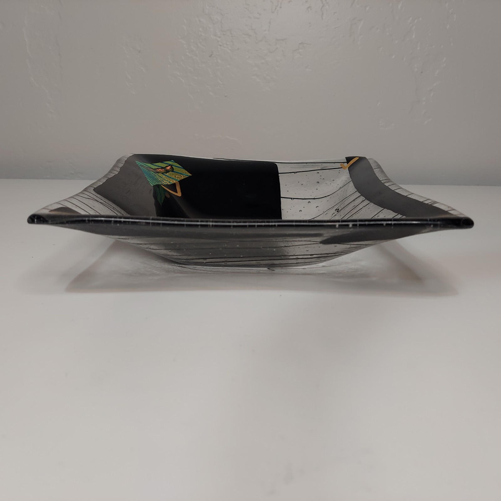 Signed Art Glass Modern Iridescent Fused Deep Dish Glass Square Plate/Plate Mcm