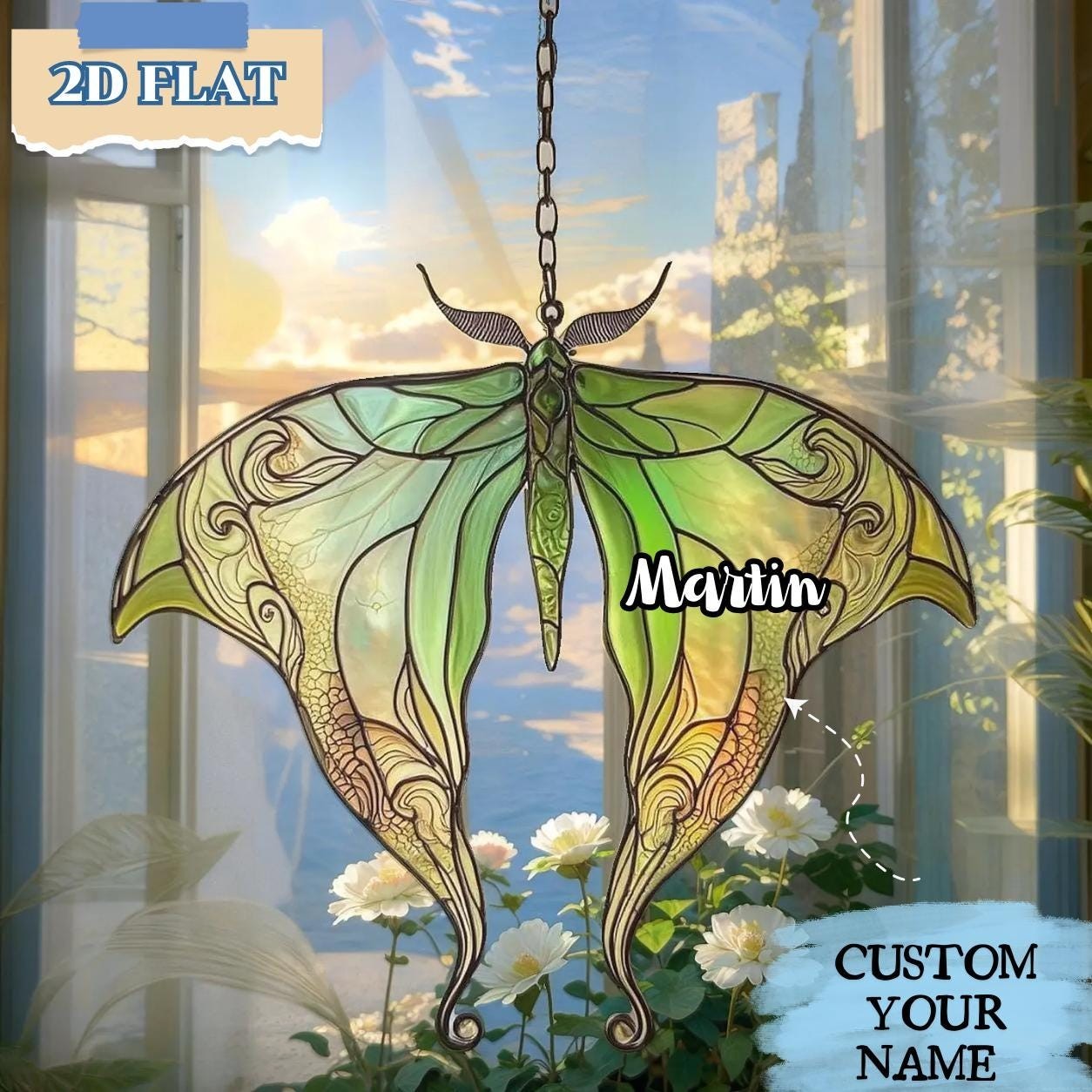 Green Luna Moth Faux Suncatcher – Acrylic Butterfly Window Hanging