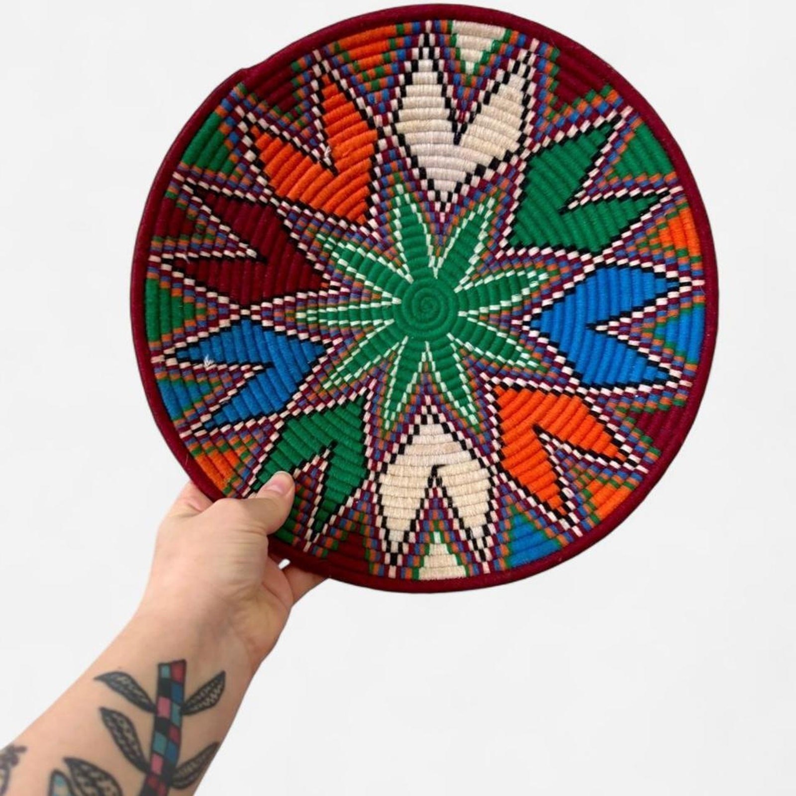 Vintage Hand Woven Colorful African Coiled Basket w/ Wall Hanging Loop 12&Prime;