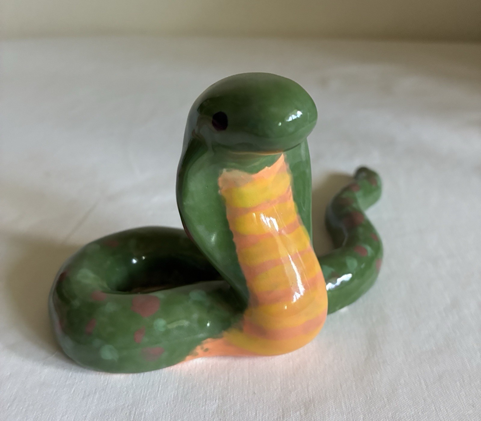 Hand Painted Ceramic Snake Cobra Figurine Green & Yellow Spots Pottery Art Signe