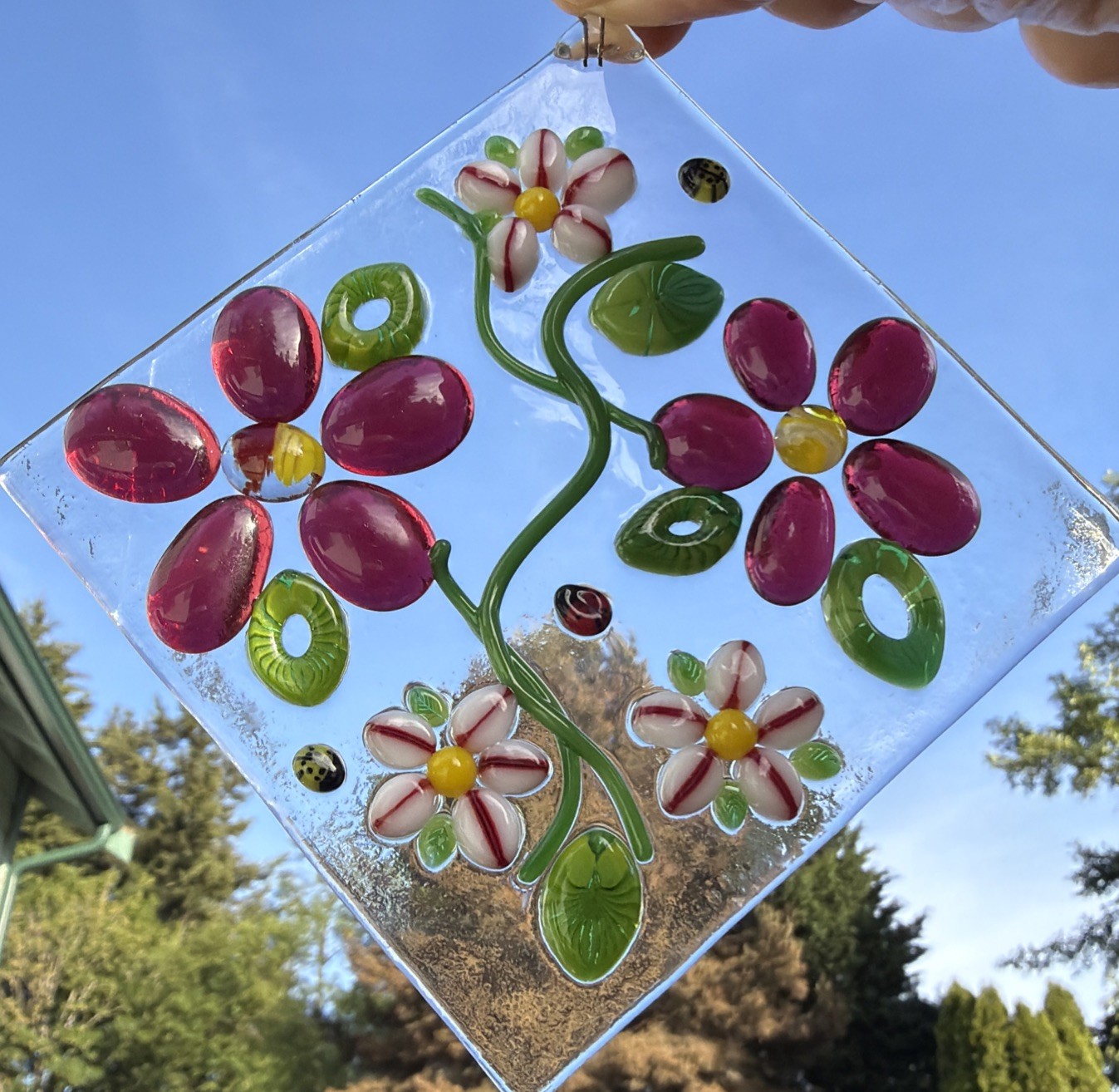 Fused Glass Handmade Diamond Shaped Multicolored Sun Catcher Signed By Artist