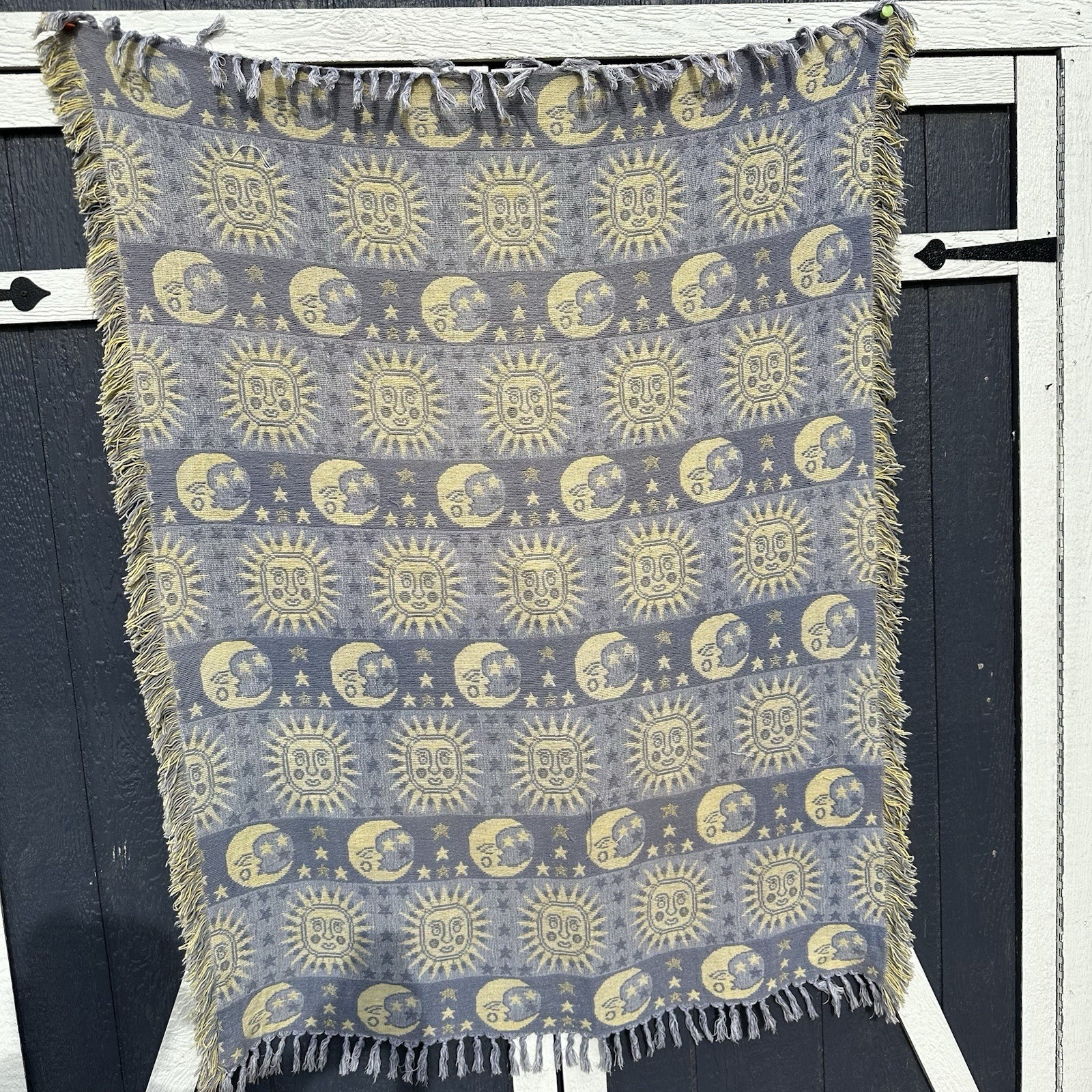 Rare Vintage Celestial Woven Tapestry Throw Blanket Fringe 62x42in Sun Moon Star