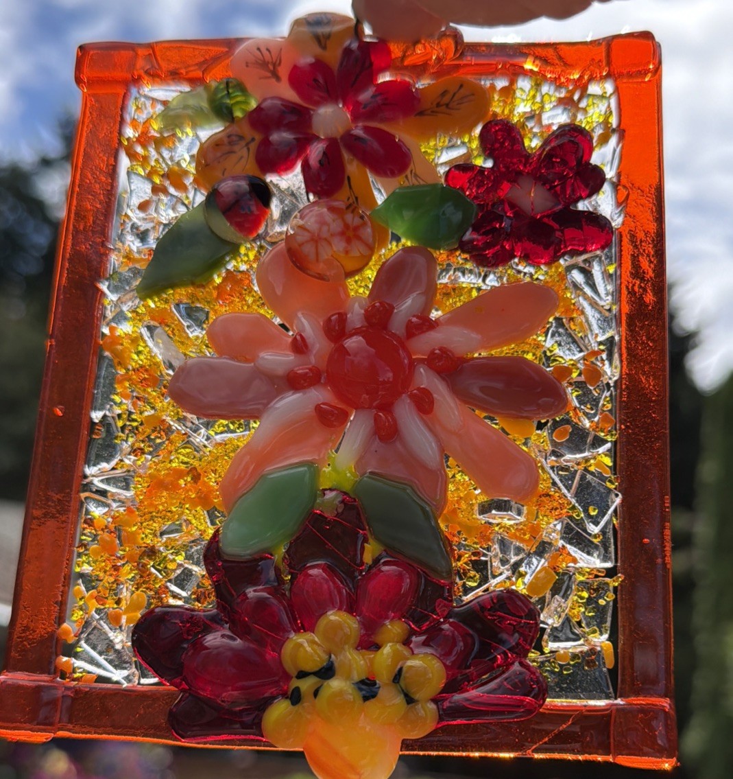Fused Glass Handmade Flowered Rectangular Multicolor Sun Catcher Signed