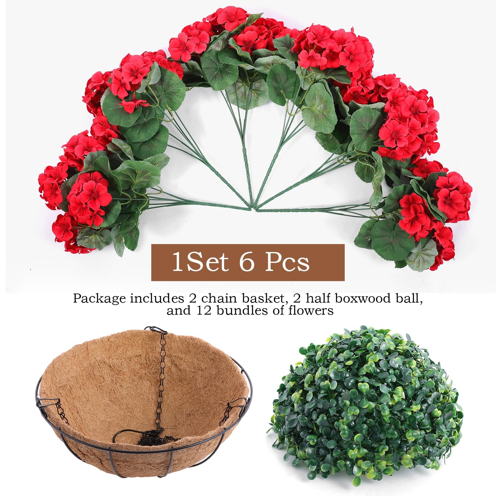 2 Set Artificial Red Geraniums Flowers for Outdoors with Hanging Baskets, 2 H…