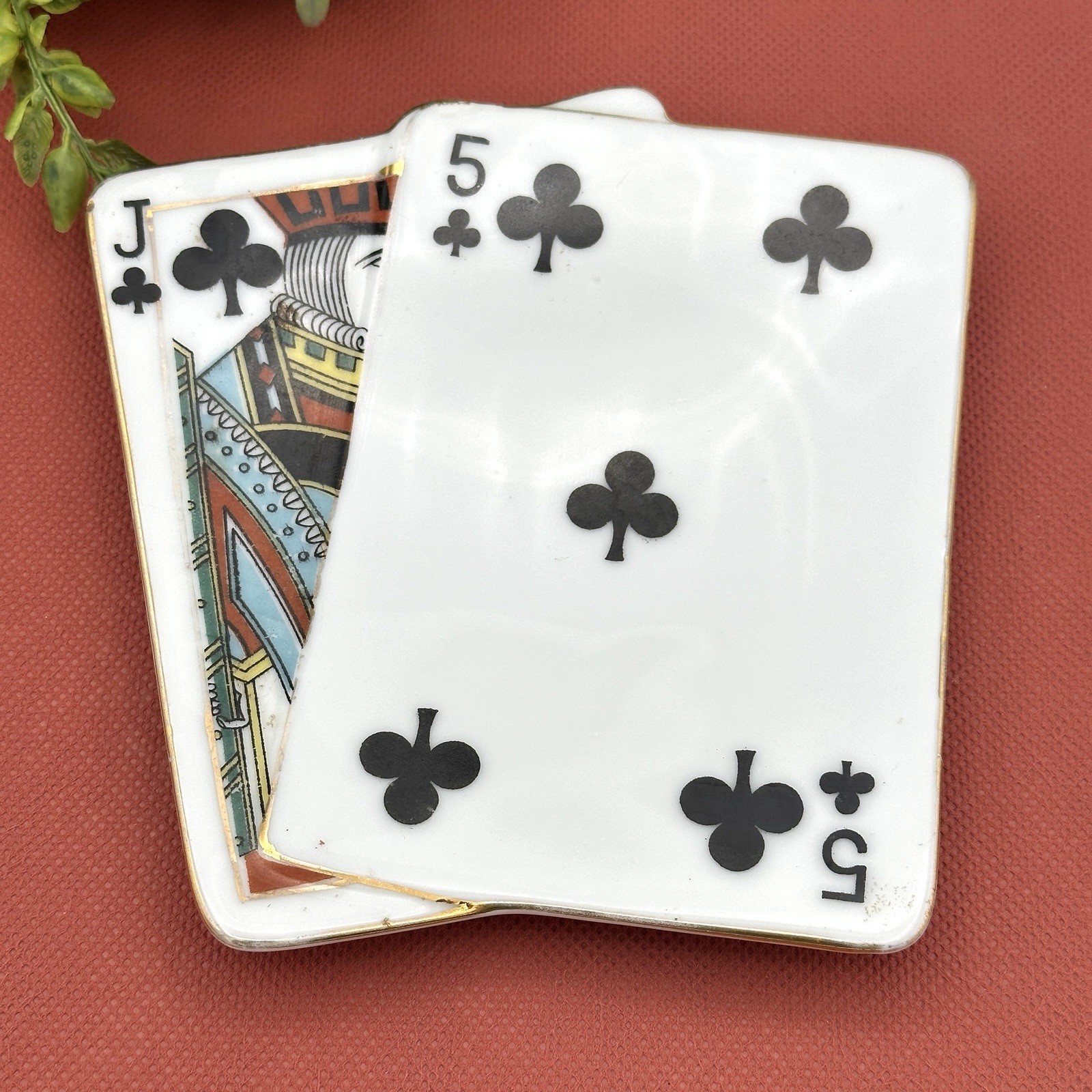 VTG Porcelain Playing Card Trinket Dish 5 of Clubs Jack Gold Trim Ashtray Poker