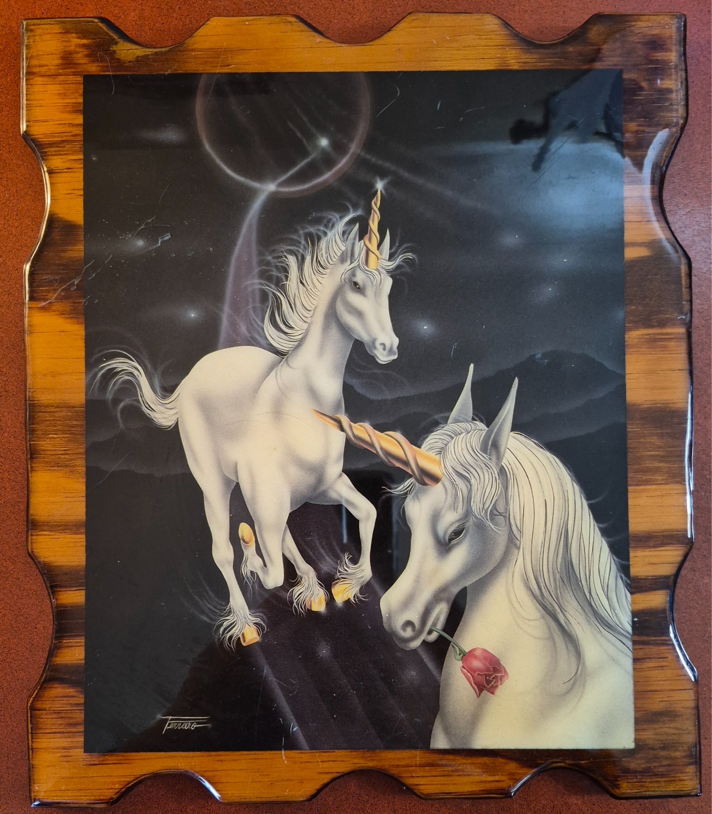 Vintage Ferraro 1980s Fantasy Unicorns Art Glossy Lacquered Wood 11.5×9.5&Prime;