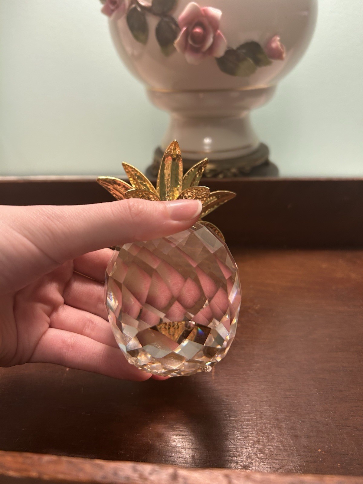 Swarovski Clear Faceted Crystal Pineapple Figurine Large Gold Tone Leaves 80148