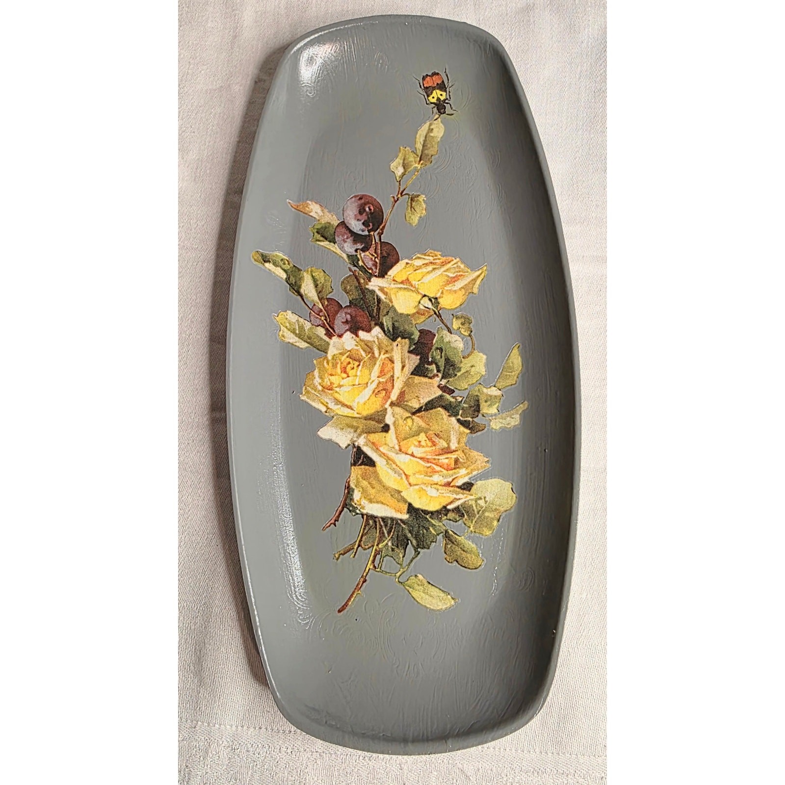 Metal Trinket Catchall Dish Painted w/Floral Transfer Applied Decor Only 10&Prime;x5&Prime;