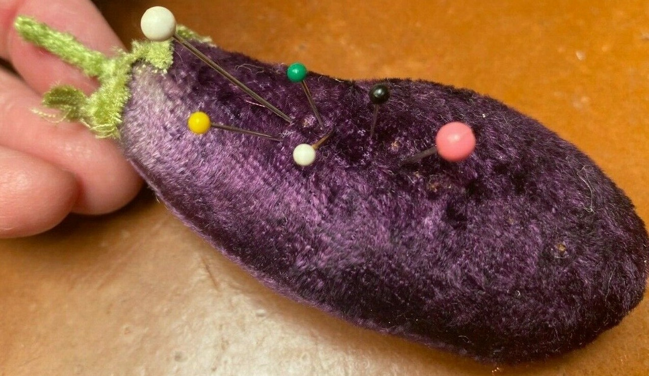 vintage velvet eggplant veggie 1.5×4&Prime; pincushion 1pc