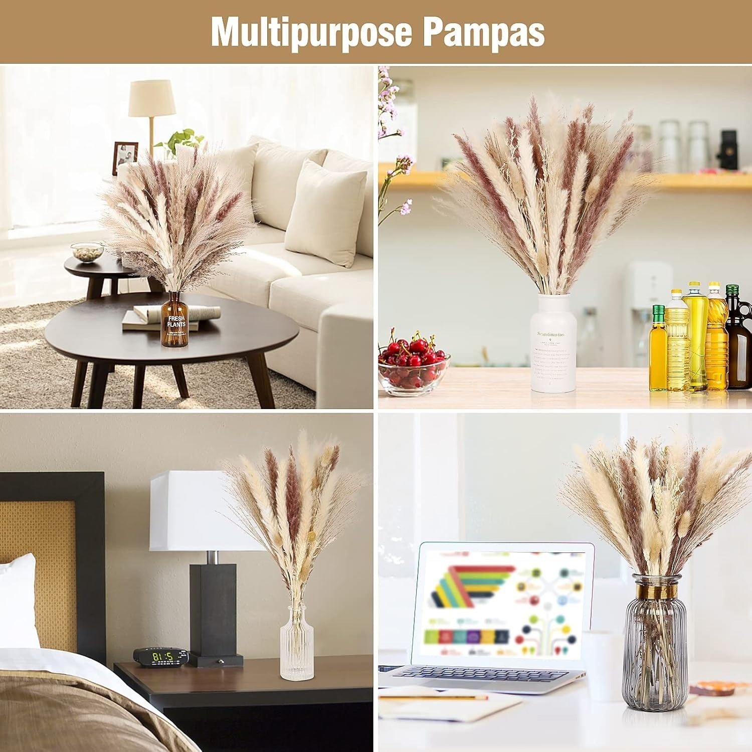 75pc Dried Pampas Grass Decor White Brown Fluffy Bouquet Boho Wedding Table Vase