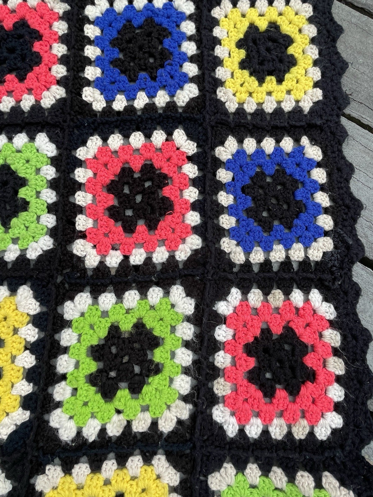 Vtg Granny Square Afghan THROW Black Boarder Colorful Squares Handmade 29”x60”