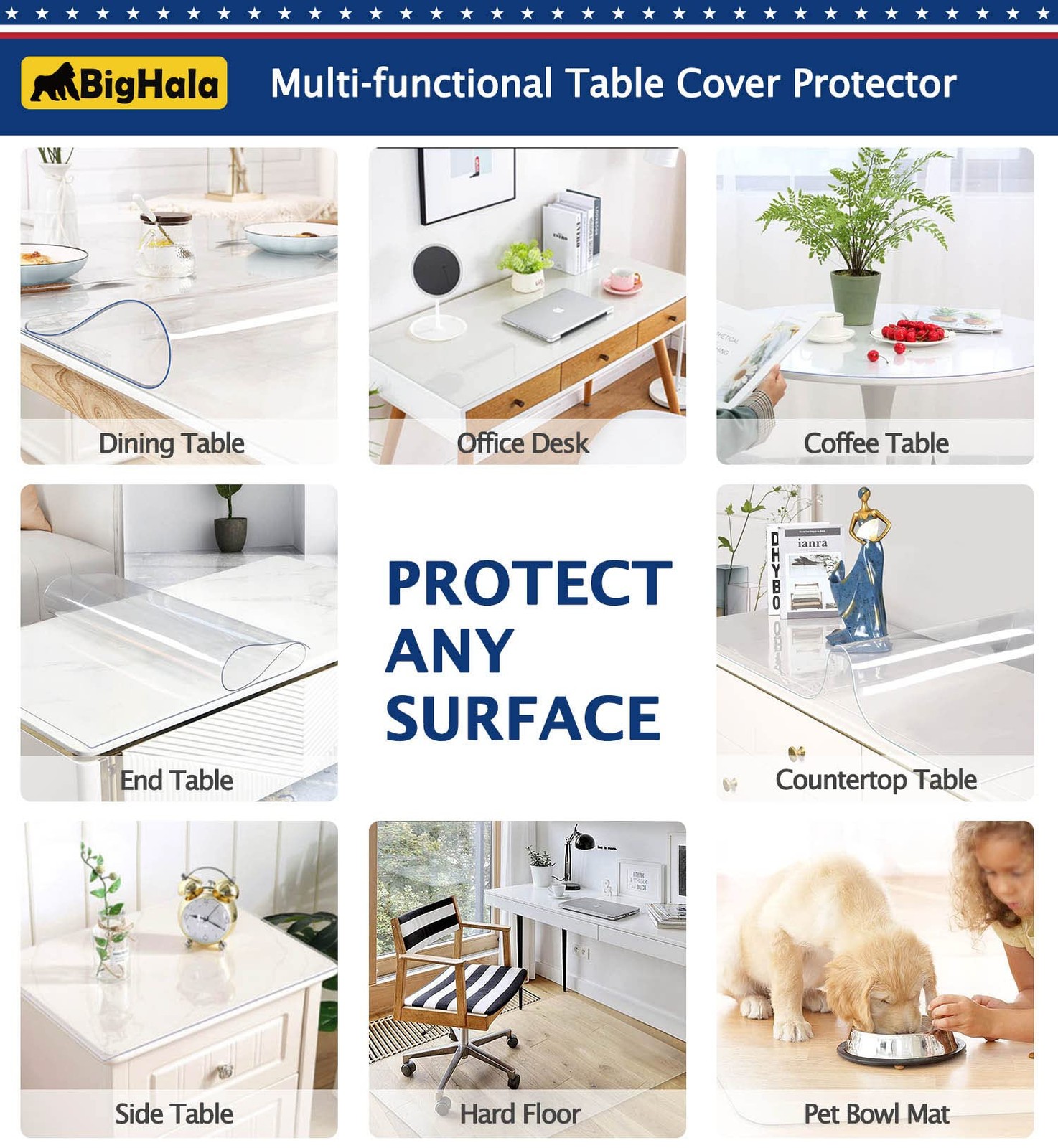Bighala Clear Table Top Protector Plastic Wipeable Table Cloth Cover Pad Thick