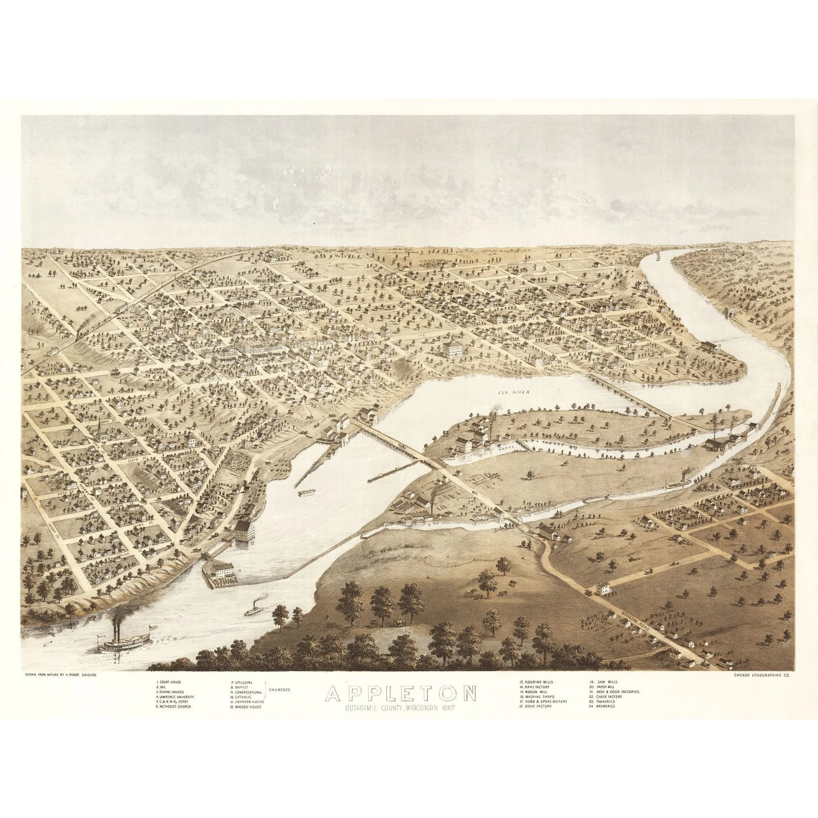 Historic Panoramic View – Appleton Wisconsin – Ruger 1867 – Vintage Wall Art