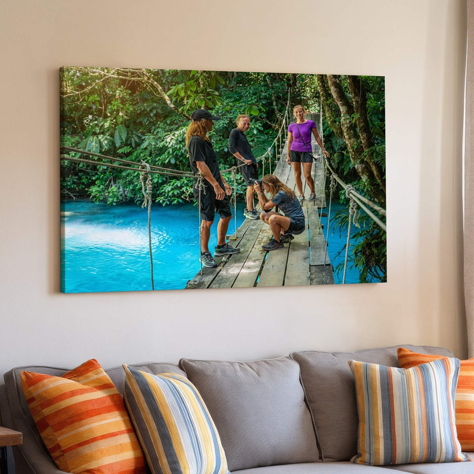 Adventure Nature Canvas Wall Art Crossing Wooden Bridge Over Blue River Print