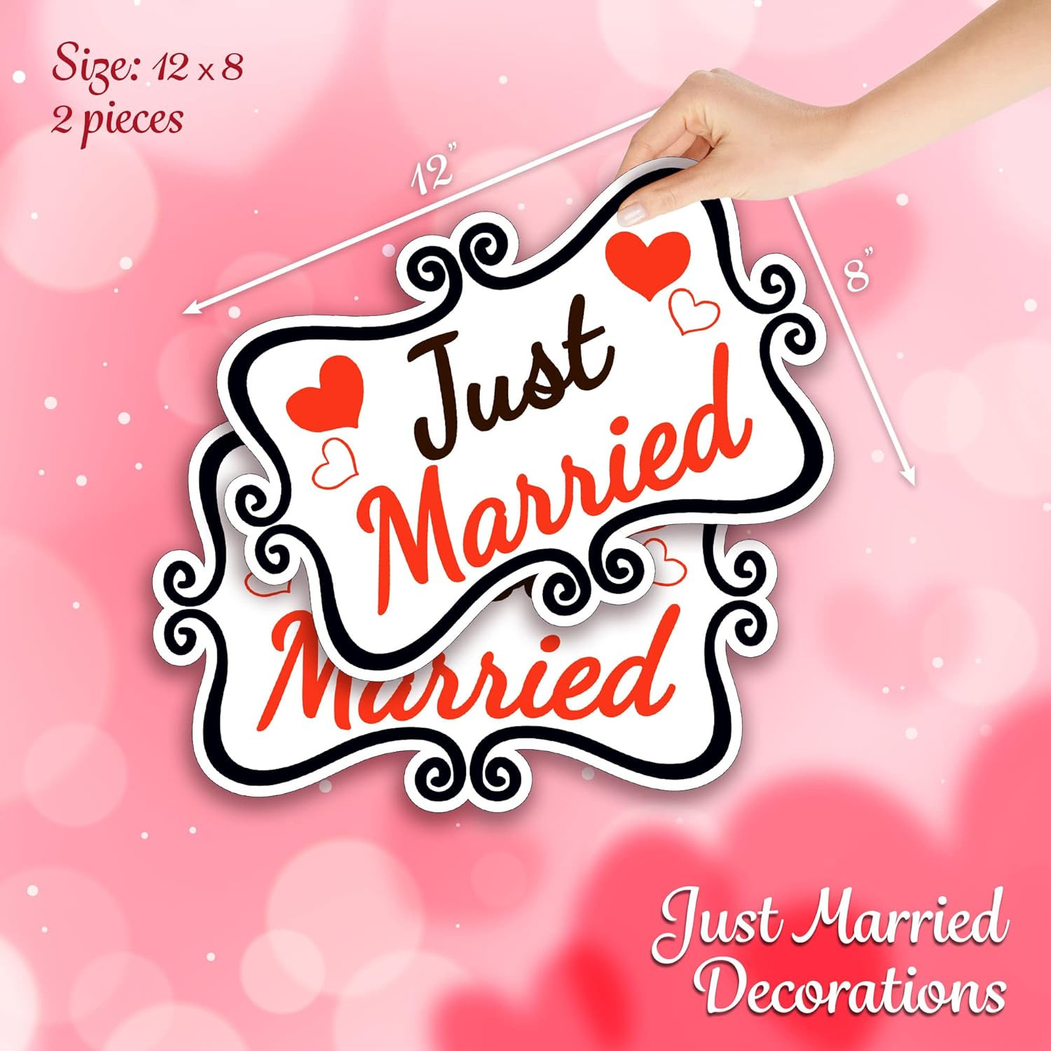 Just Married Car Decorations, 12×8 Magnet Decals for Vehicles, 2 Pack Wedding Ca
