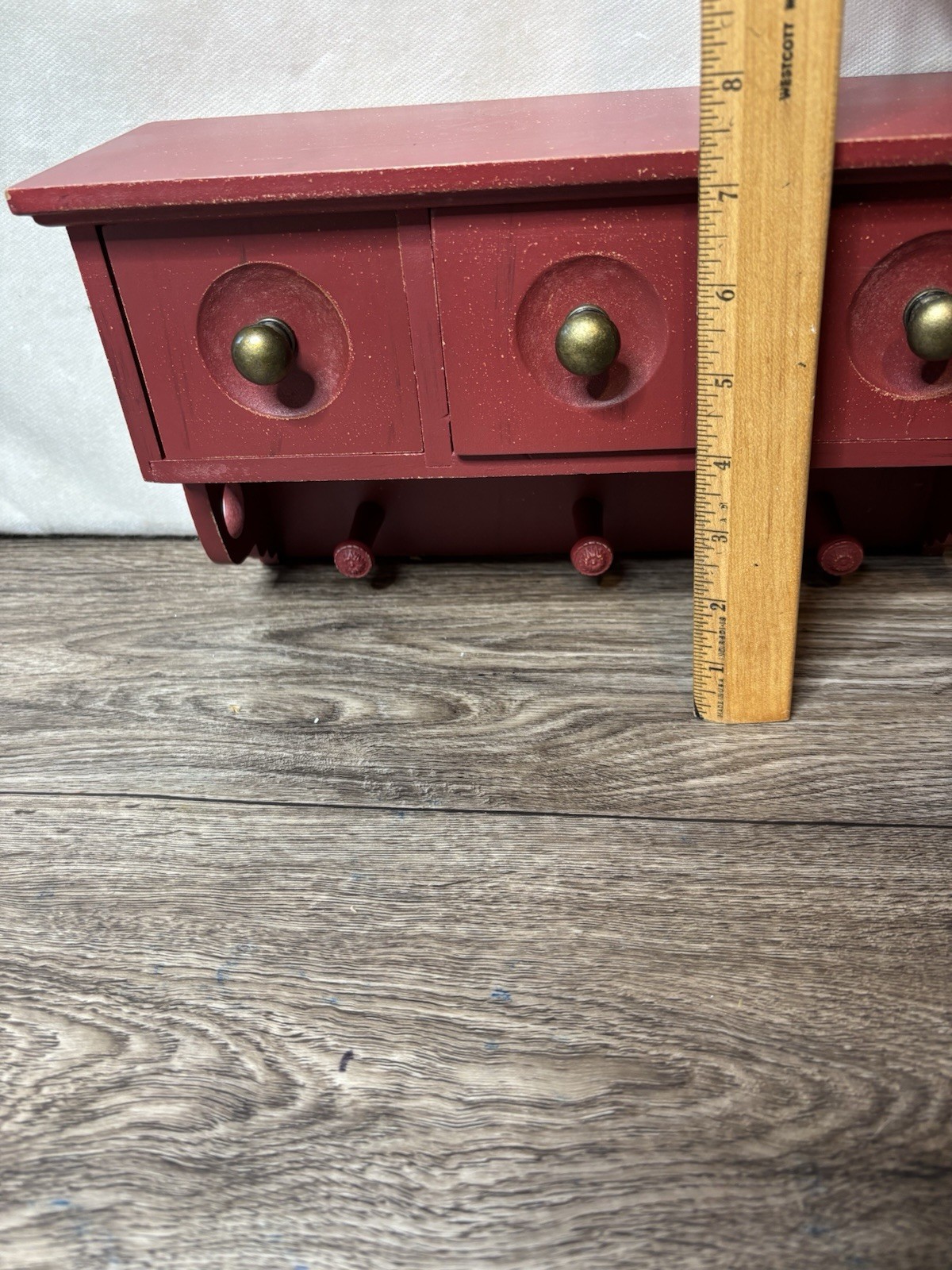 Rustic Farmhouse Red Wooden Wall Shelf Coat Rack 3 Drawers Key Holder Decor 13in