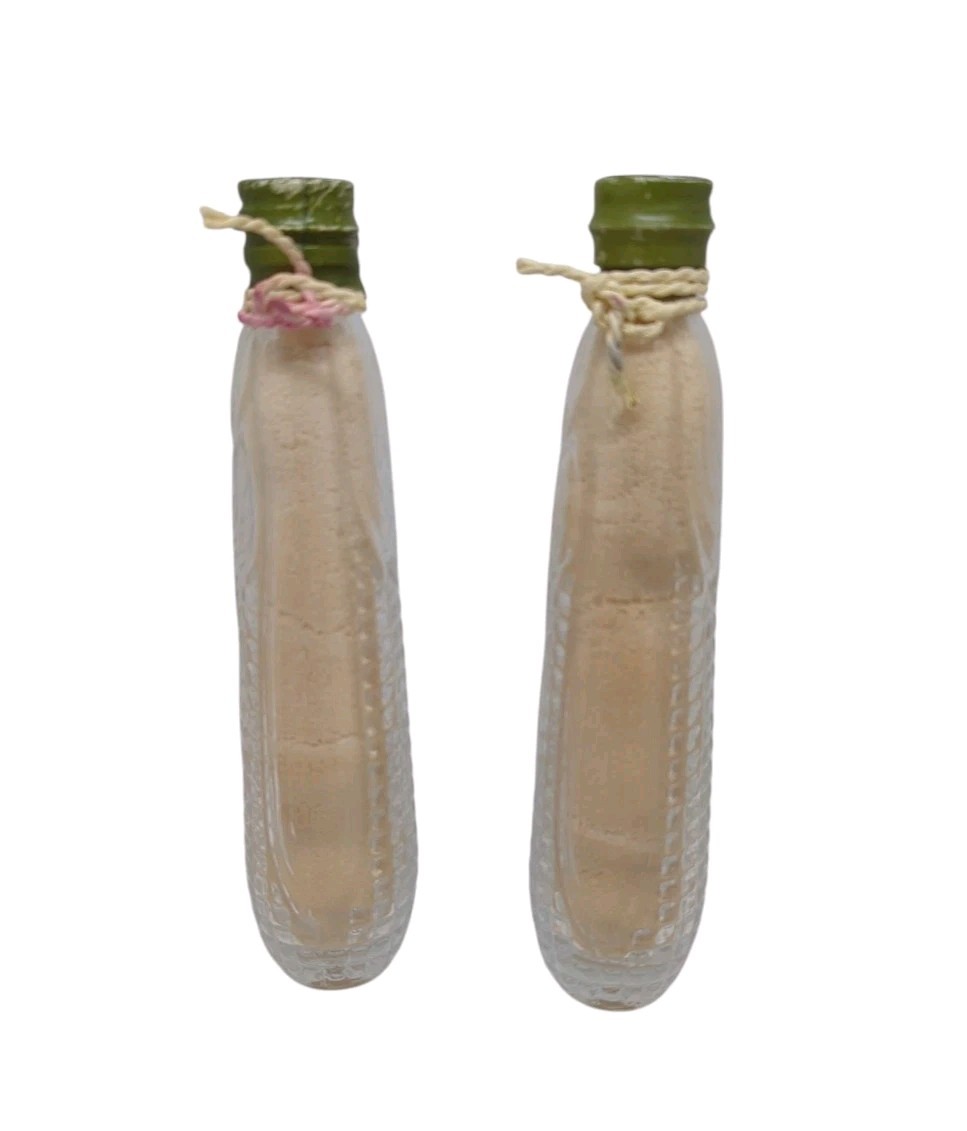 2 Clear Glass Ear Of Corn Shaped Bottle Embossed Texture 7.5” Tall Sealed