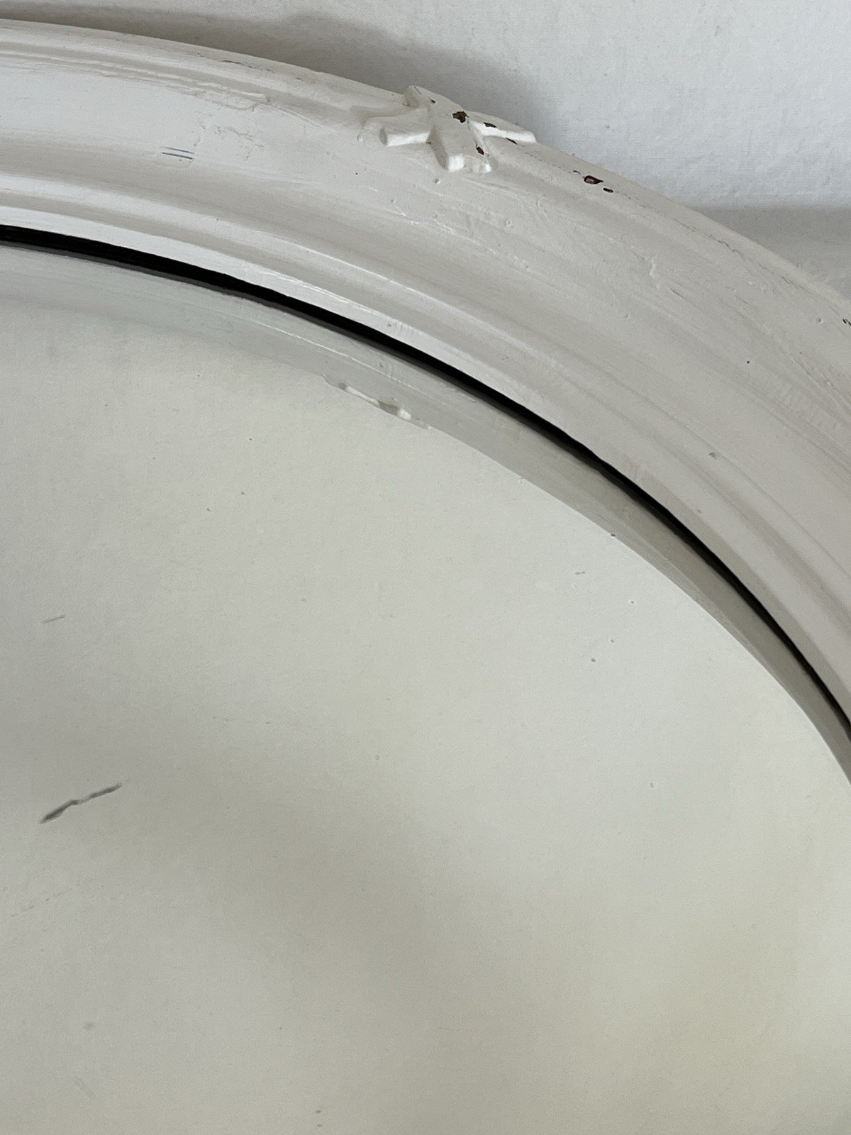 Vintage Round Wood Convex Mirror Painted White with X Accent Farmhouse Country
