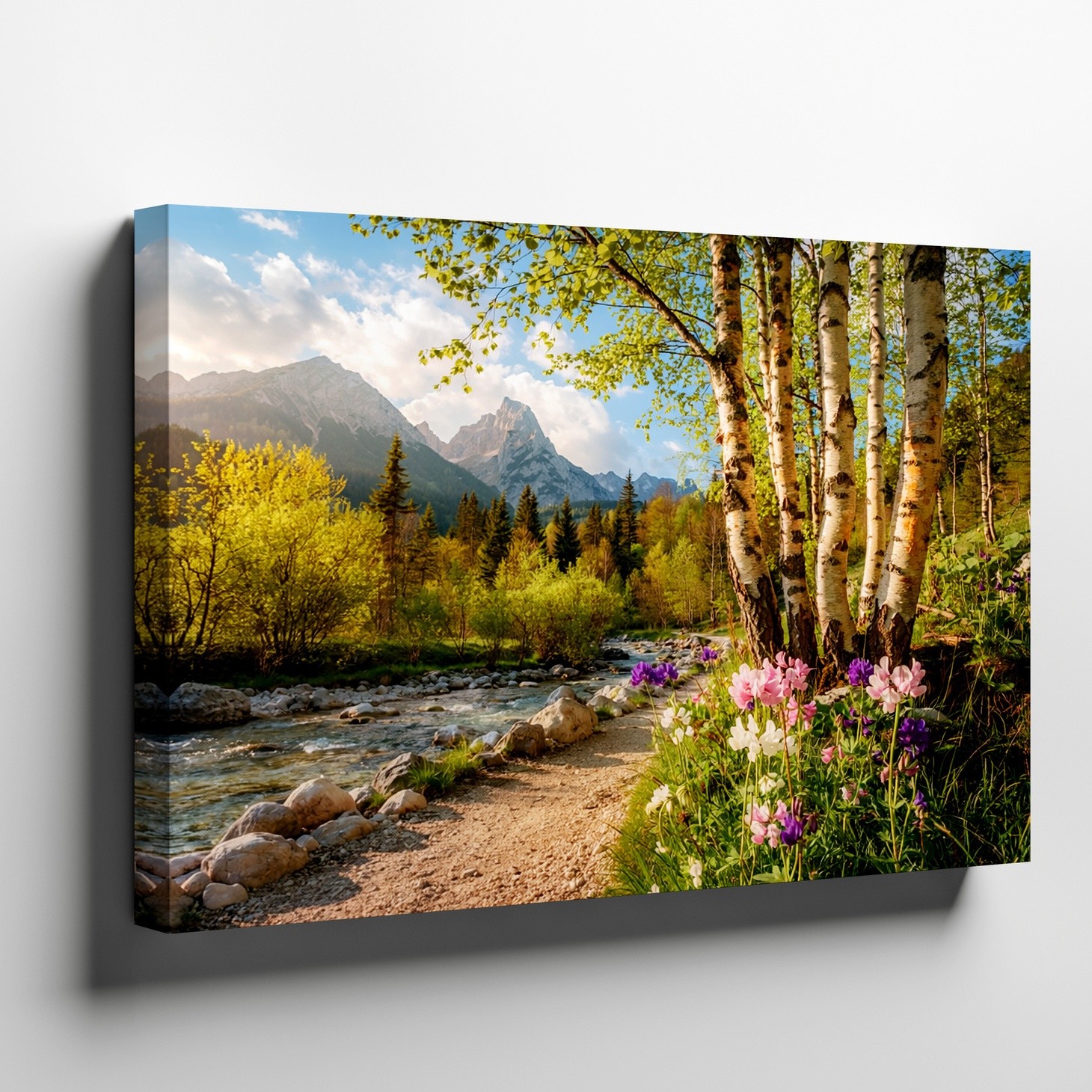Mountain River Landscape Canvas Wall Art with Birch Trees and Wildflowers Print