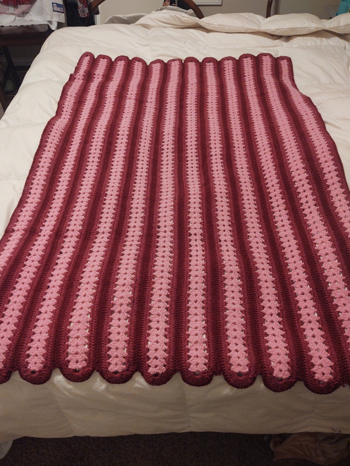 62in Afghan Hand knit blanket pink and maroon Hand made