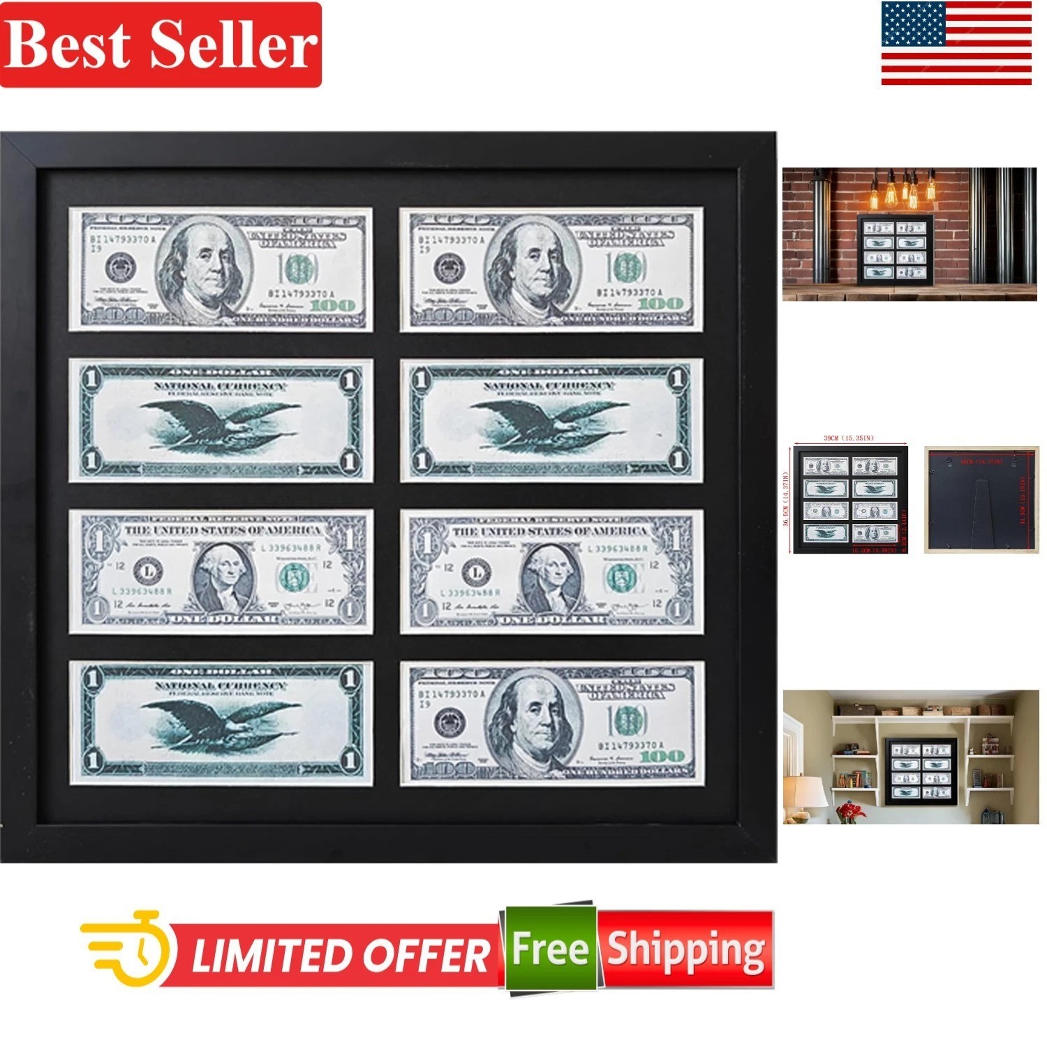 Dollar Bill Frame Display 8 Slots Wall Mount or Easel Stand Black Wood