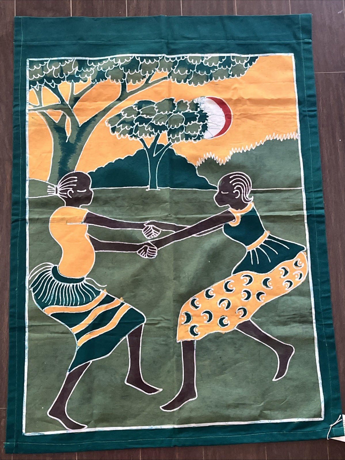 African Cloth Batik Tribal Folk Wall Art Hanging SISTER DANCE Hand Painted NEW