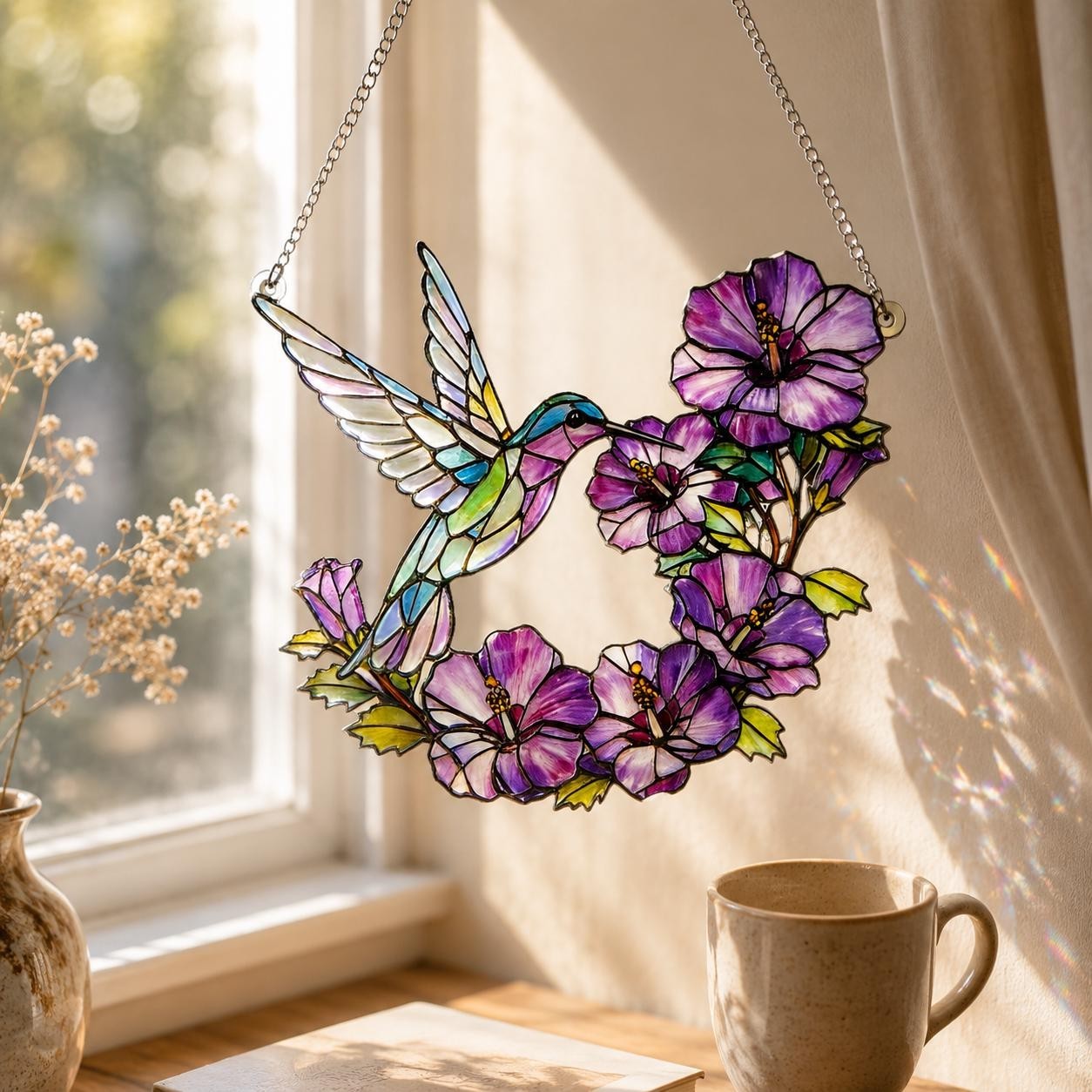 Stained Glass Hummingbird Suncatcher Lavender Flower Window Hanging Botanical