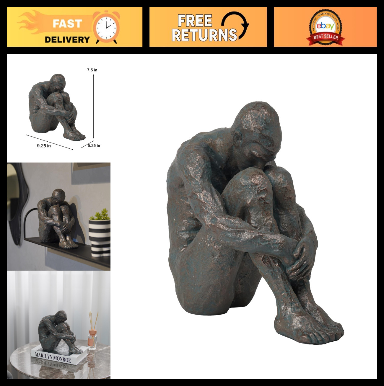 Sitting Man Sculpture Home Decor – Resin Bronze Statue, Decorative Figure, Gift
