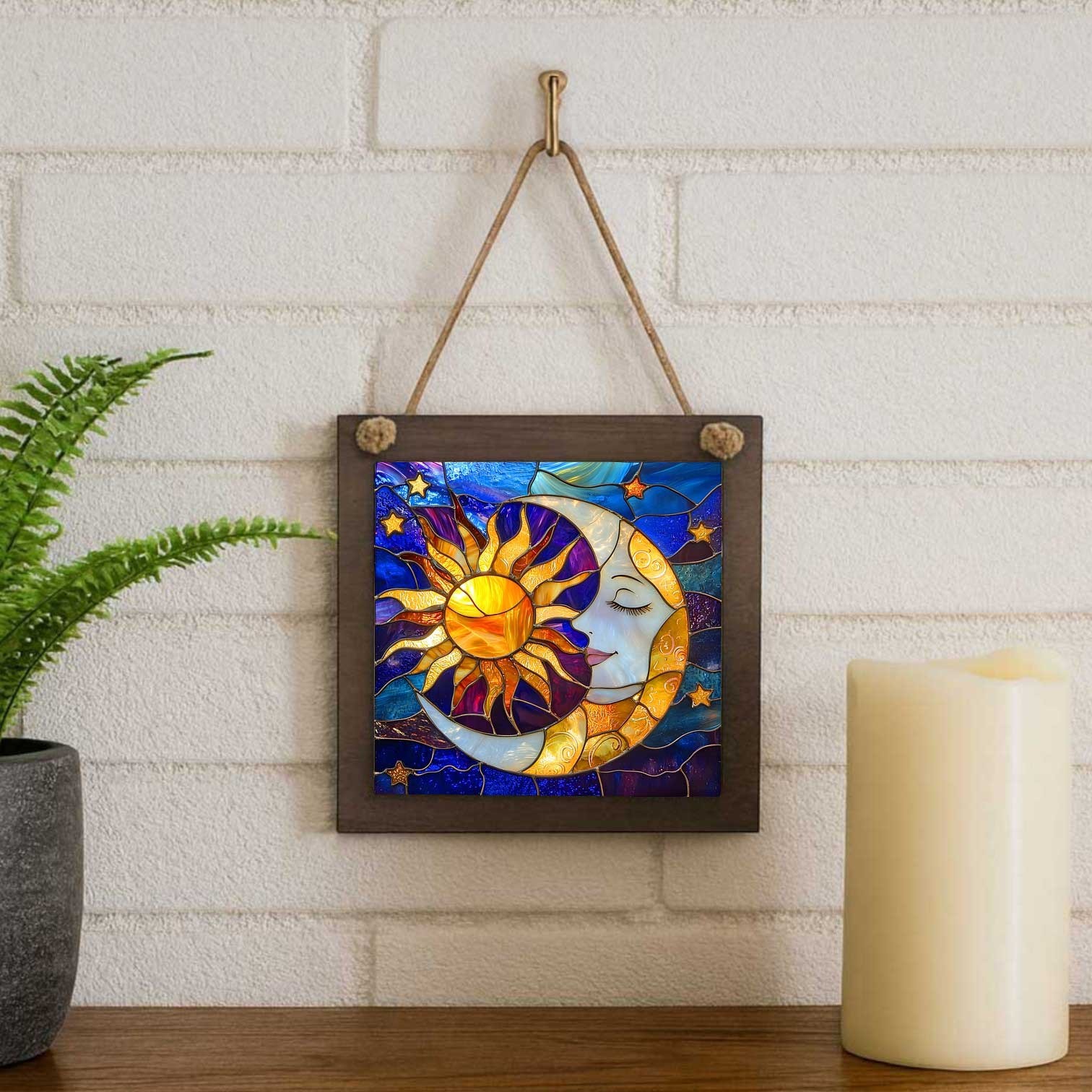 Sun Moon Wood Sign 4.8 Inch, Celestial Window Hanging, Small Wall Decor