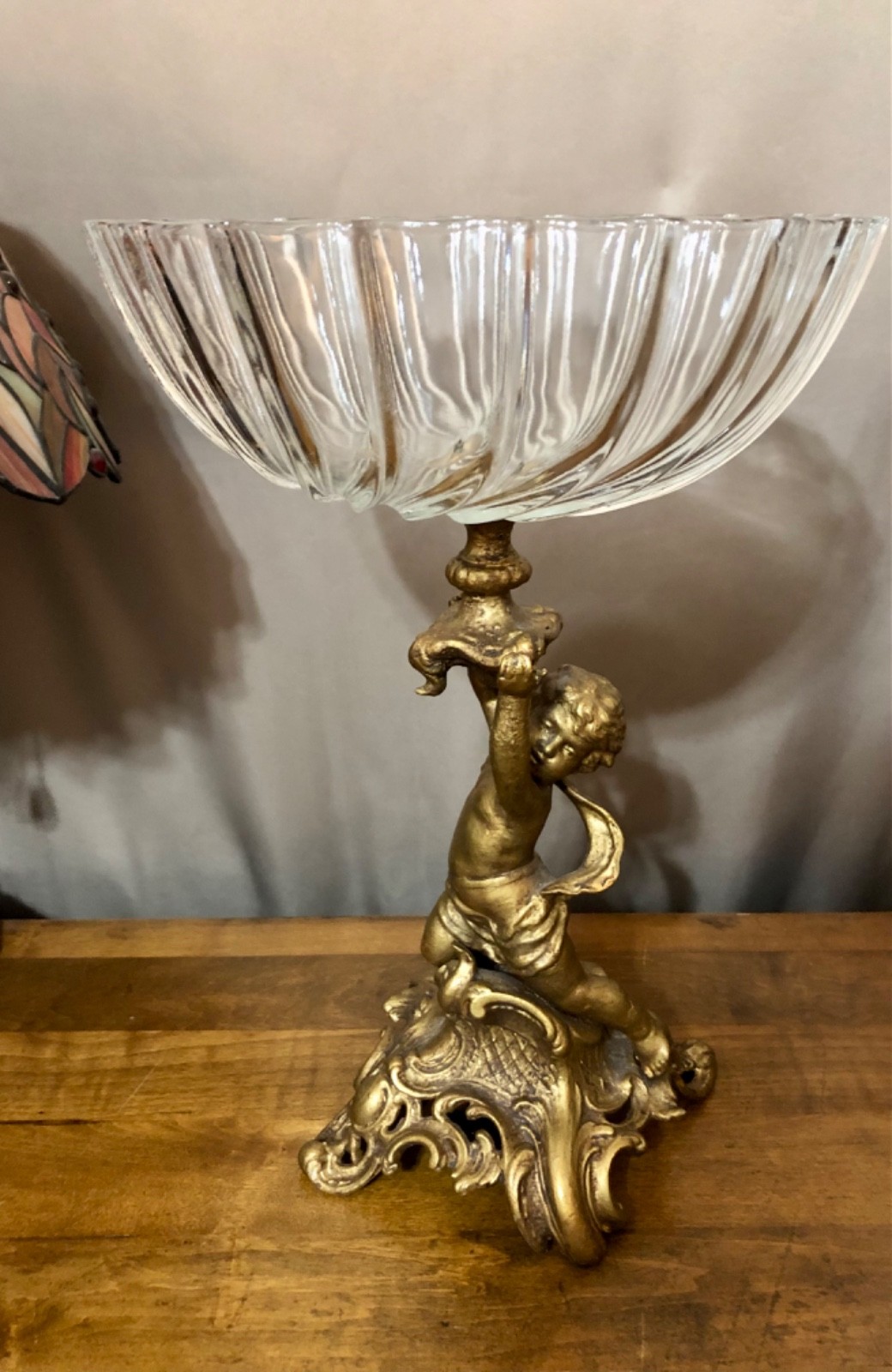 Large Vintage Cherub Glass Compote Bowl 15” Hollywood Regency Rococo Centerpiece