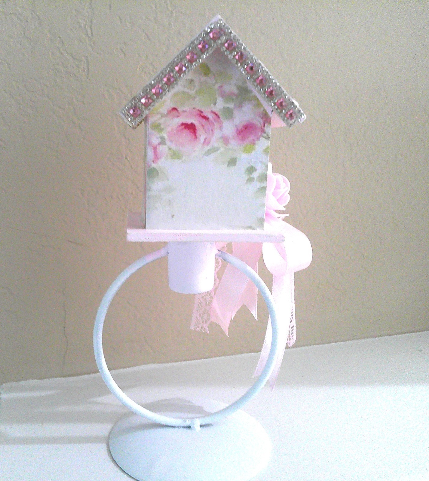 Shabby Chic Decorative Birdhouse Decor w/Pink Floral Design/Pink/Rhinestone Trim