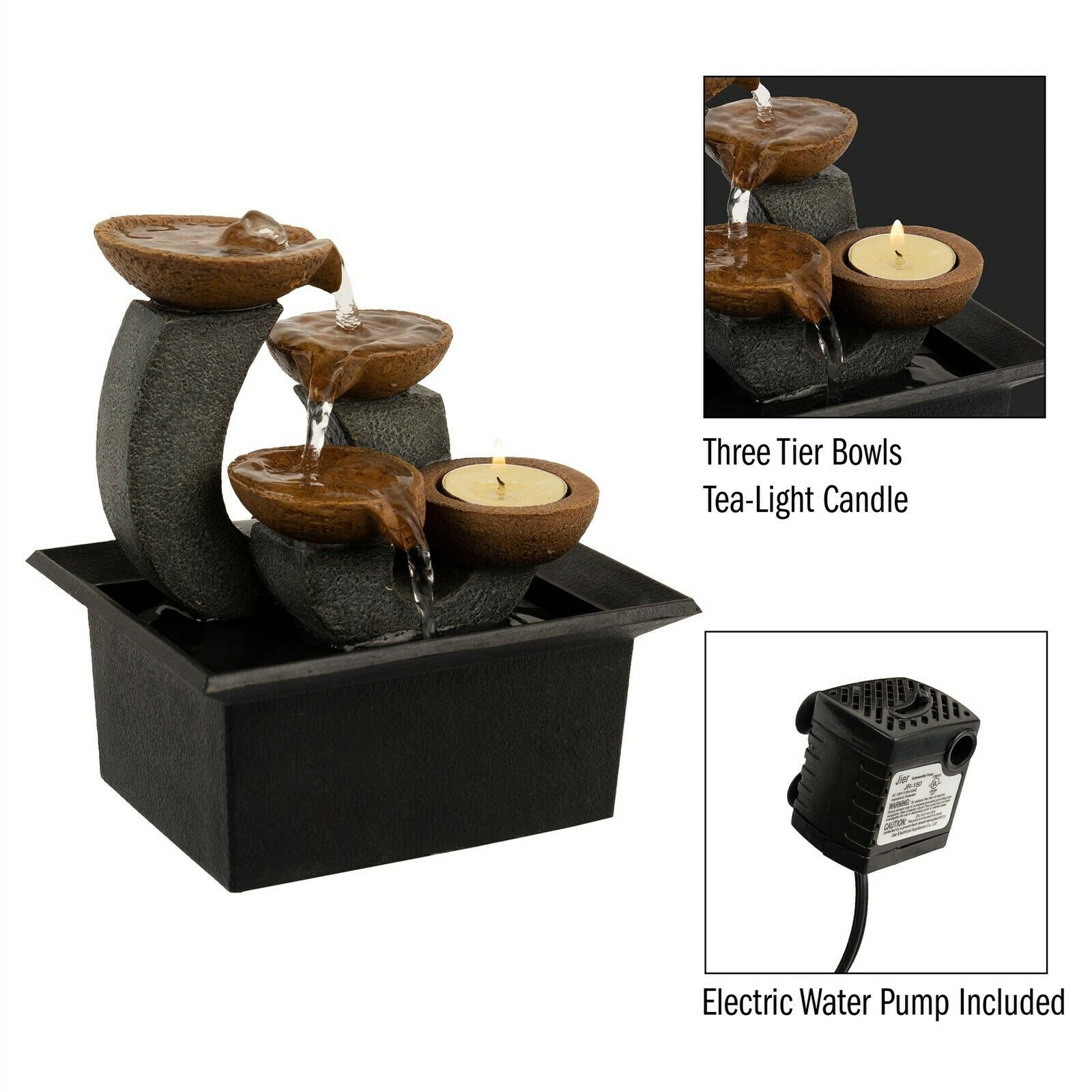 Tabletop Water Fountain Indoor Waterfall 3 Tier Candle Holder Soothing Sound