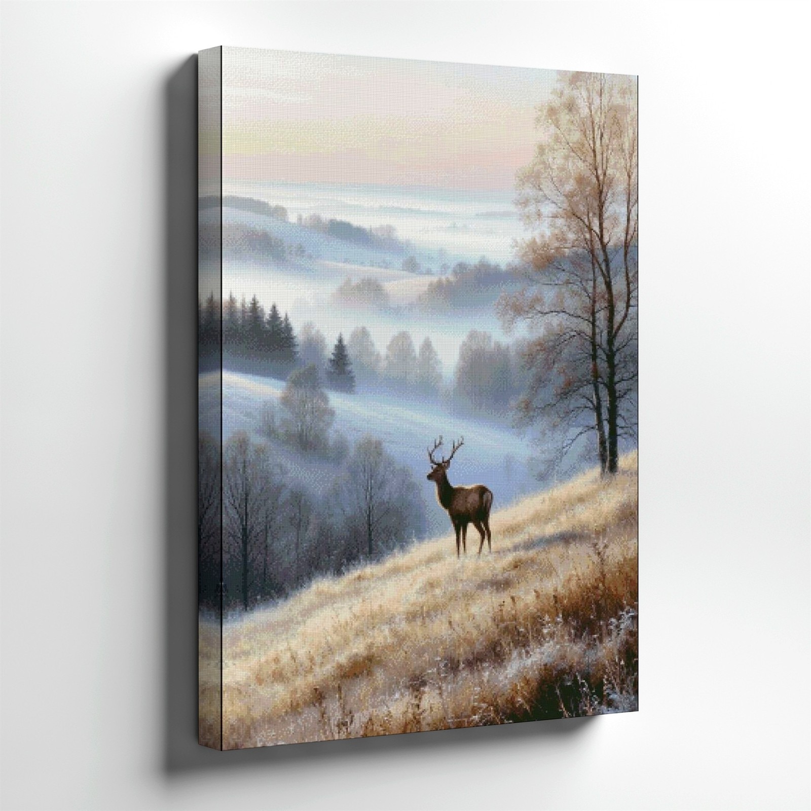 Wall Art Deer in Misty Winter Landscape Print Frosted Hills Nature Home Decor