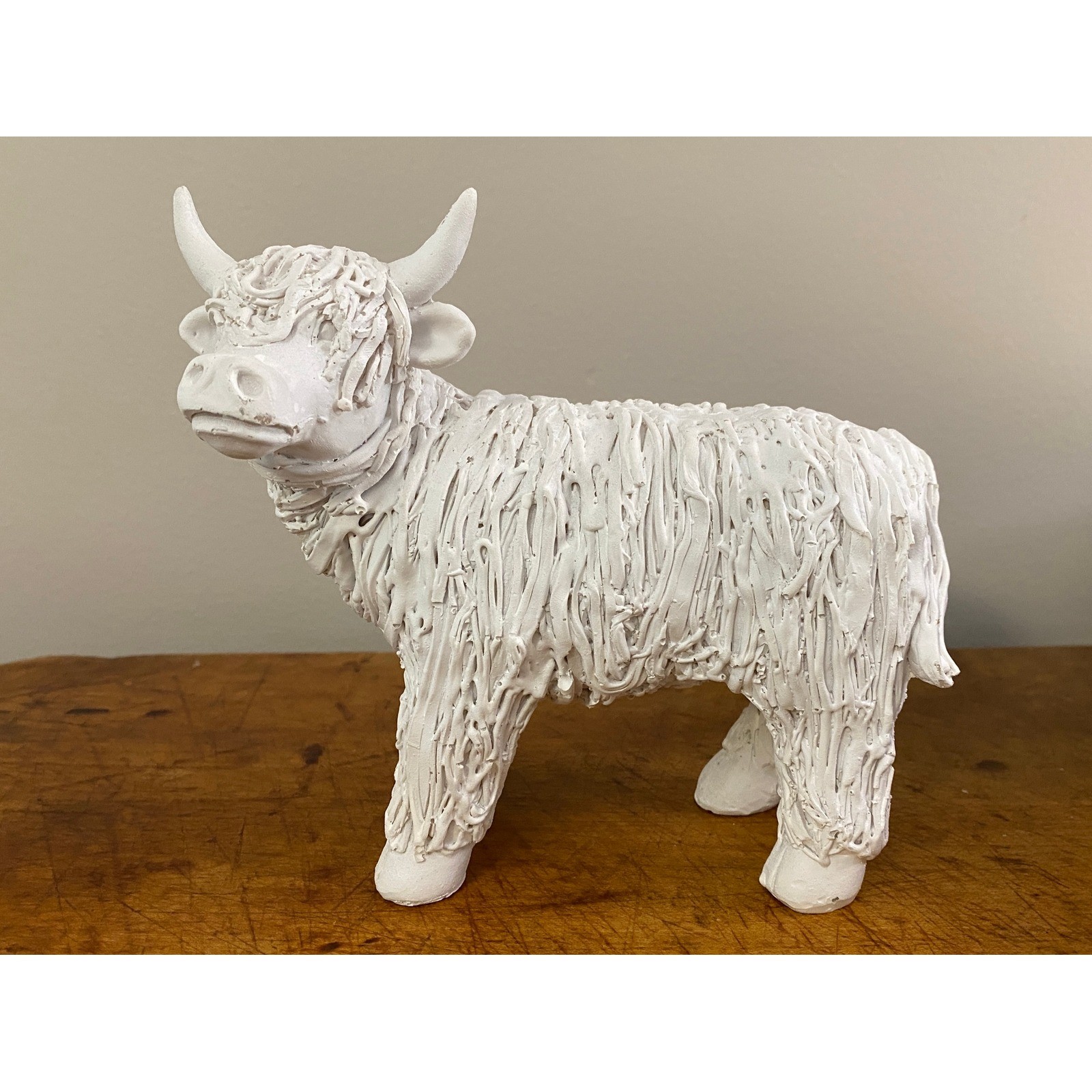 White Highland Cow Figurine Spaghetti Resin Sculpture Farmhouse Cottagecore