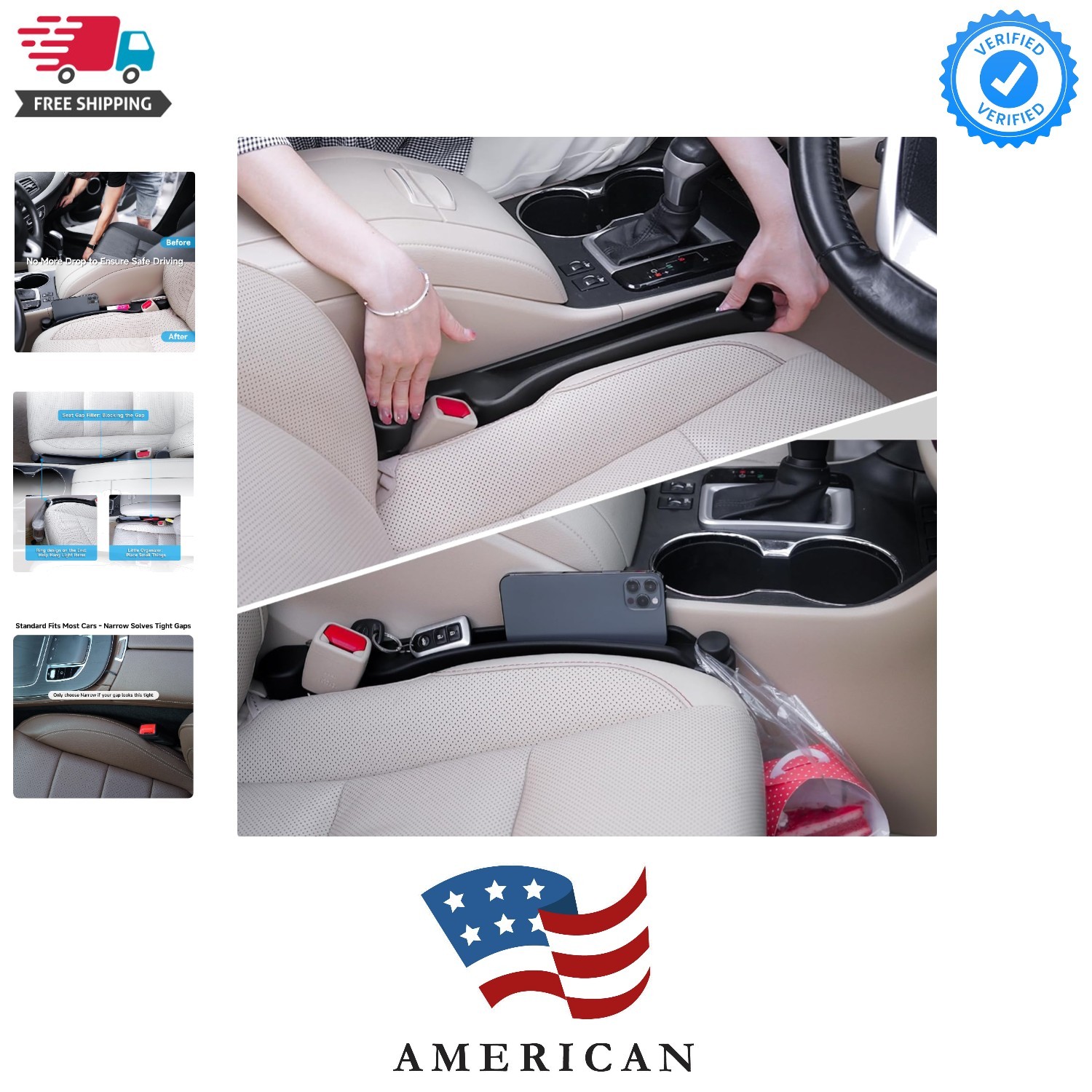 Set of 2, Soft Foam Multifunctional Seat Side Gap Filler with Organizer & Hoo…