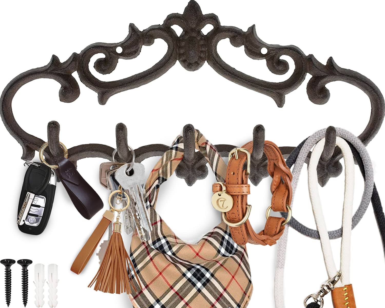 Comfify Cast Iron Wall Mounted Hanger – Vintage Design with 5 – Hooks, Brown